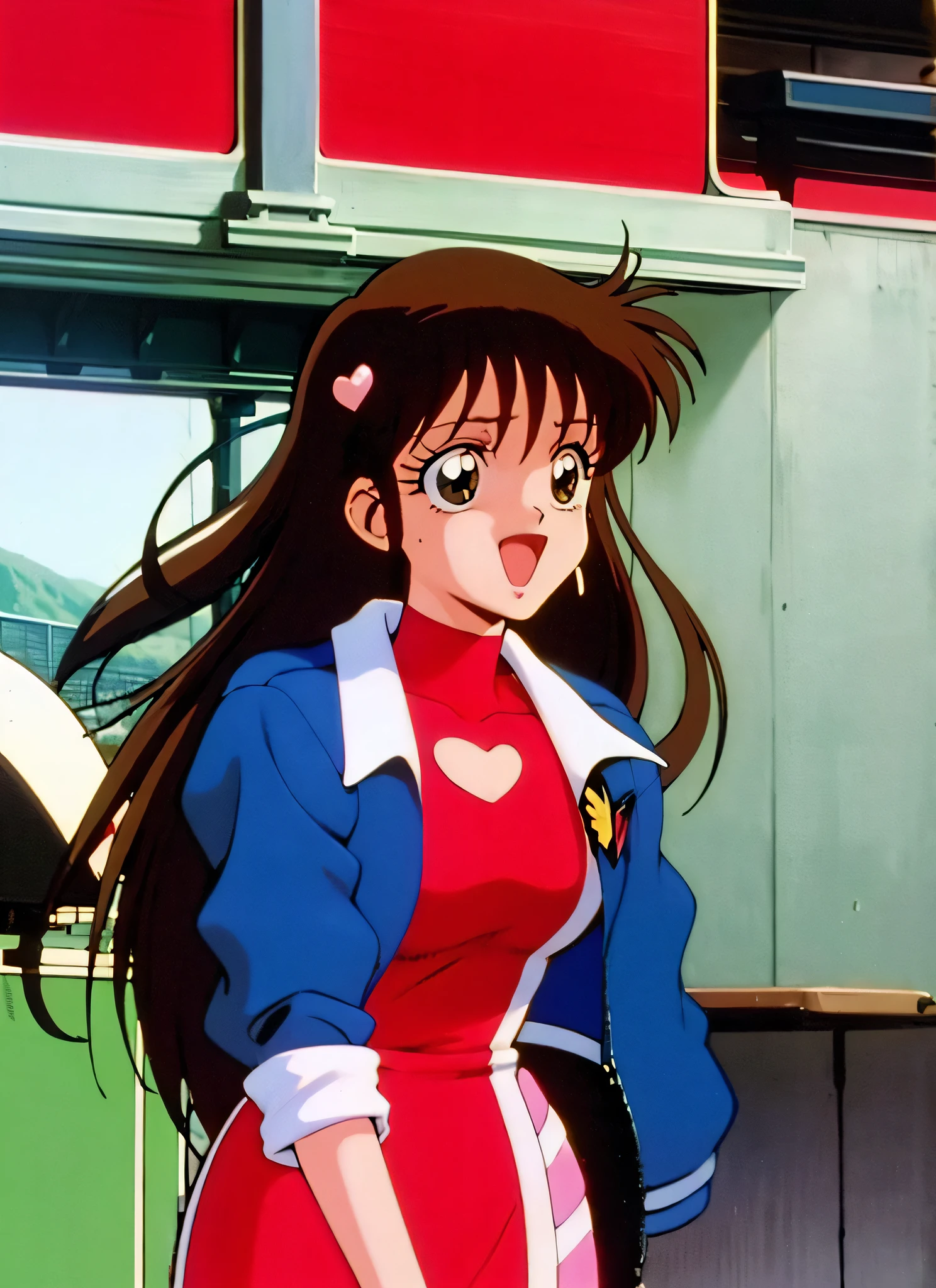 asusugodr, 1girl, solo, heart, hair ornament, green eyes, Stretch your sideburns to your chest、 mini jacket,red  dress, retro artstyle, open mouth, 1990s (style), looking at viewer, smile, outdoors, sky, cowboy shot, cleavage cutout, race queen,official style, adult,sink, kitchen, bringing upper body to the sink, open, leaning forward, emphasizing the buttock, It's wet,My upper body is wet