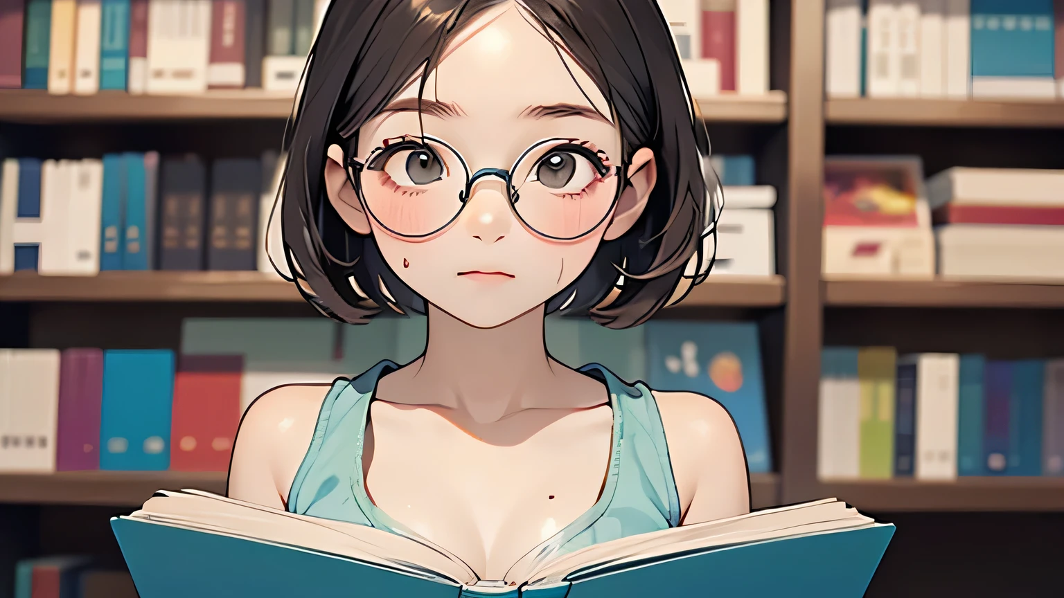 A short-haired girl wearing glasses and earrings is reading a book in the library, but becomes sleepy and yawns loudly freckles bigass bighip、FUCK FUCKOFF SEXY
