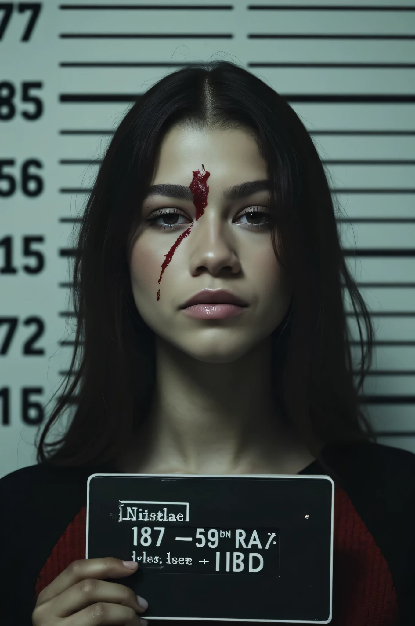 masterpiece, best quality, 1girl, (closeup), 18yo , slim, watercolor, (Mugshot :1.4), ((dark hair:1.3)), ((brunette)), (serious face), scar on face, (blood on the face:1.3)