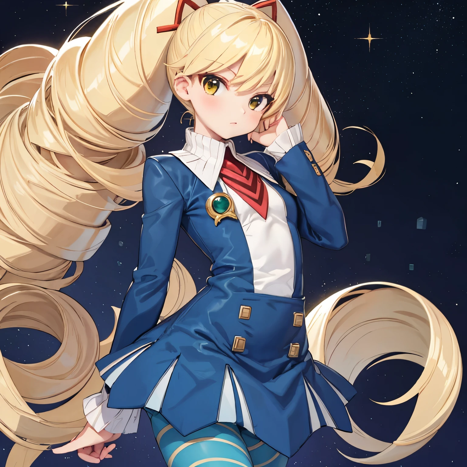 twintails,twin drills,dress,blue pantyhose,striped pantyhose,yellow hair