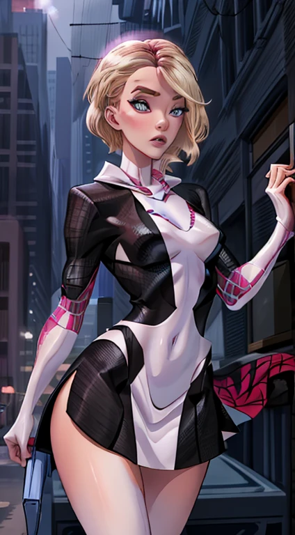 photo of mlp Meowko, RAW, beautiful woman, ((portrait)), ((detailed face:1.2)), ((anime face, anime facial feature, clear skin, glossy anime lips, clear skin), (short messy lesbian haircut, brunette: 1.55), (perfect proportioned body, Strong, muscular, narrow waist, narrow hips, skinny, large breasts), (she is wearing a spider Gwen Stacy cosplay, Spider Gwen, spandex body suit, black white and pink, webs), dance club, flashing lights, brick walls, dark atmosphere, (realistic photo, best quality, detailed), (8k wallpaper), (cinematic lighting, beautiful light, (night:1.3)) (sharp focus, intricate)