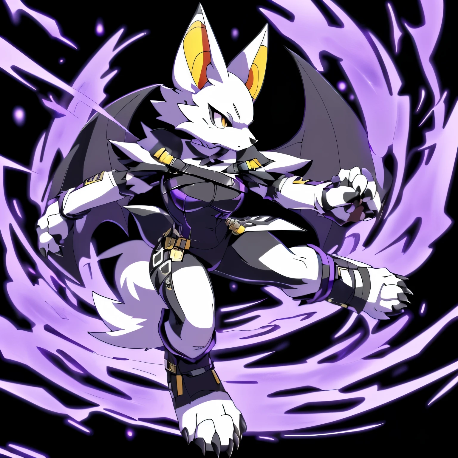 Anime, anime style, ((single person:2)), ((solo drawing:2)), ((solo:2)), ((three-quarter view)), ((Looking to the side)), ((sfw version)), ((female Anthro bat)), ((Tall figure)), ((buxom figure)), ((short white fur)), clawed hands, ((clawed paws)), ((Single Pair of Wings)), ((Huge Bat Wings)), ((Purple and black Bat Wings:1.3)), ((white bat ears)), ((wearing an intimidating outfit that is black and purple)), ((white face)), ((neutral expression)), vivid golden eyes, ((digitigrade legs)), ((digitigrade feet)), ((action pose)), ((solid black background)), highly detailed anime style, clean lines, white face, short white muzzle, white furry cheeks, white furry muzzle, ((white foot paws)), ((foot paws with four toes)), ((Claws on paws))