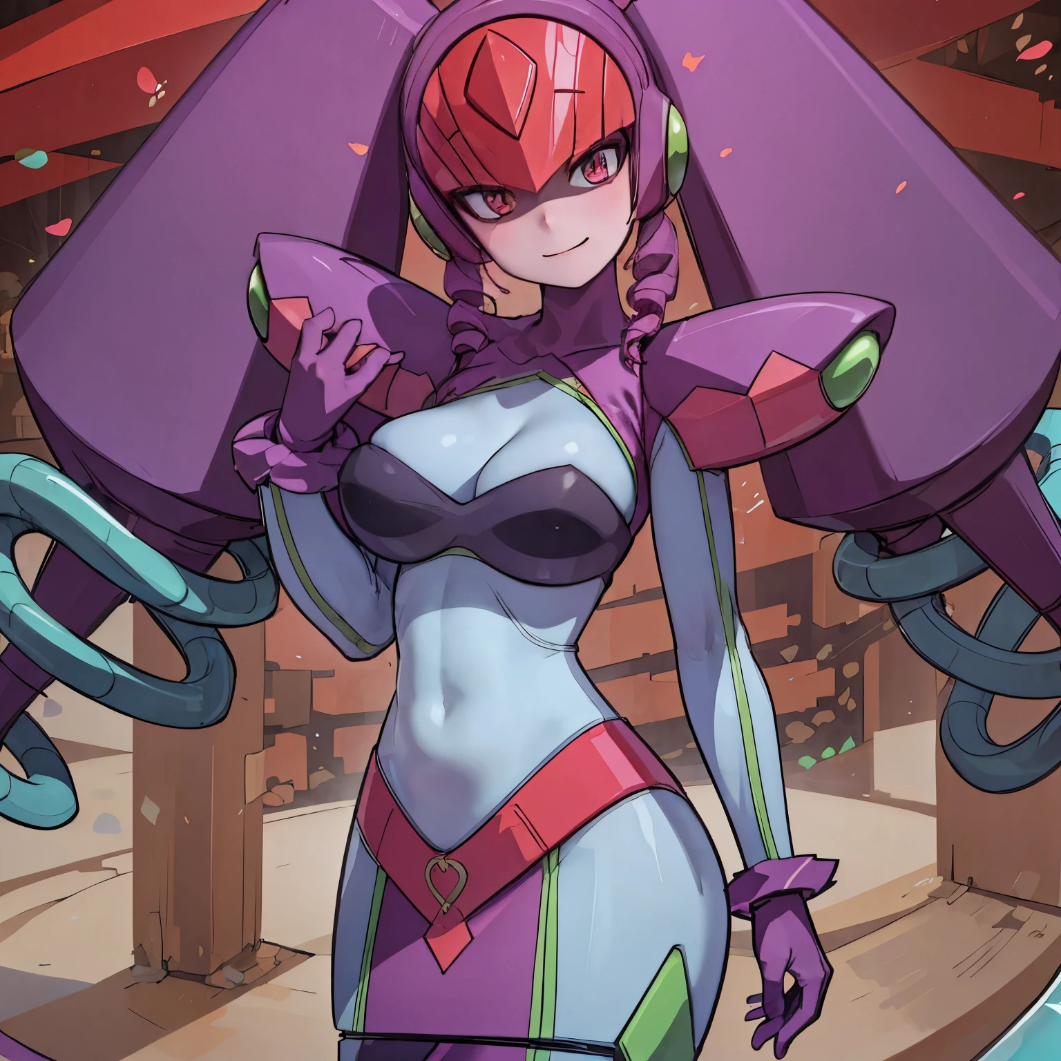 Tabletop,Highest quality,One Girl,rolls_....Exe_megamanbn,(Helmet),Blonde,Long Hair,leotard,Pink Eyes,紫のBodysuits,Bodysuits,Lightless Eyes,Moderate breast fullness,Faint laughter,nails with sharp fingertips,Tied to a machine,Glowing circuit background,Black lightning