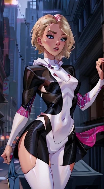 Spider -gwen standing in a city at night, araña-gwen, araña - gwen, (spider gwen:1.4) , (Gwen Stacy:1.4) ,,(Ruined dungeon ruins background:1.4 ), in the Artgerm Style, Artgerm Style, Artgerm Style, graphic artist artgerm, Betty Cooper, comic artgerm, in artgerm style, as seen on artgerm, Epic Fantasy Art Style HD, 4K fantasy art, epic fantasy digital art style, epic fantasy art style, Fantasy Woman, epic fantasy art portrait, Epic fantasy style, hyperrealistic fantasy art, hd fantasy art, Epic fantasy character art, epic fantasy art, in style of dark fantasy art, epic fantasy digital art, (perfect anatomy :1.4),( cinematic lighting :1.4), (uniform lasts white), More detailed 8K.unreal engine:1.4,UHD,La Best Quality:1.4, photorealistic:1.4, skin texture:1.4, Masterpiece:1.8,first work, Best Quality,object object], (detailed face features:1.3),(The correct proportions),(Beautiful blue eyes),  (cowboy pose)