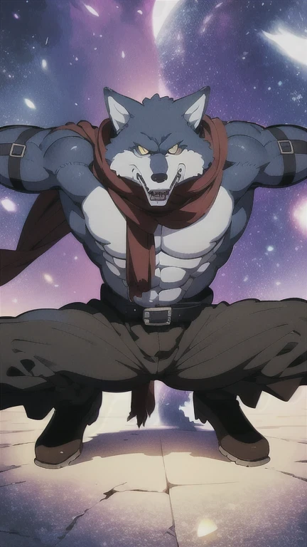 Bergamo _.DB,  posing for the camera , presume. 4k,  High resolution,  the best quality , Posted on E621, only,  anthropogenic body ,  male , ,  male , (Correcting the muscles ,  detailed muscles ,  very muscular, broad chest, pectorals, biceped:1.1),  correct anatomy ,  correct proportions, Anatomy of the Taran ,, (Space clouds, galaxy, stars:1.0), (by WFA, por taran fiddler:1.0), (by black:0.8), (shaded cell:1.2), Cartoon shading, trusted, strong, (Long Wolf Tail:1.0), (pantalones, belt:1.1), ( medium black:1.2), (Detailed Bergamo _Eyes of .DB:1.1), pose strong,  looking at the camera , scarf, pose strong,  bare chest intense colors,  yellow eyes ,  fluffy wolf tail  , crouching posture,  squatting posture ,  open legs