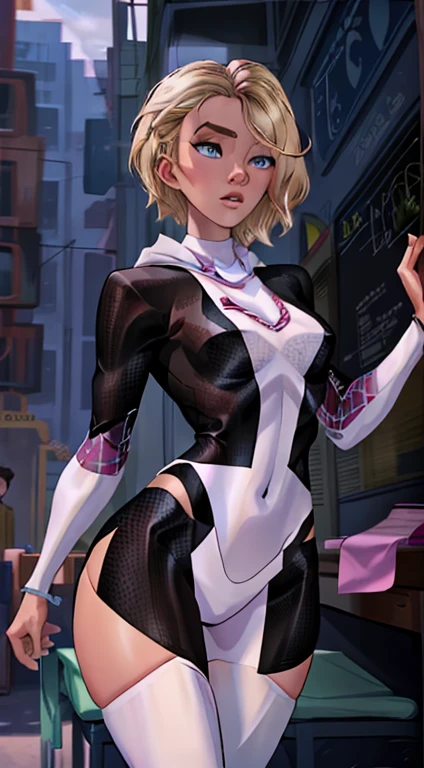 flat color,colorful,masterpiece, best quality, original, extremely detailed wallpaper, closeup, gwenstacy, looking at viewer, 1girl, solo,floating hair, colorful water painting, cute face, extra big breasts, wide hips, thick thighs, sexy waist