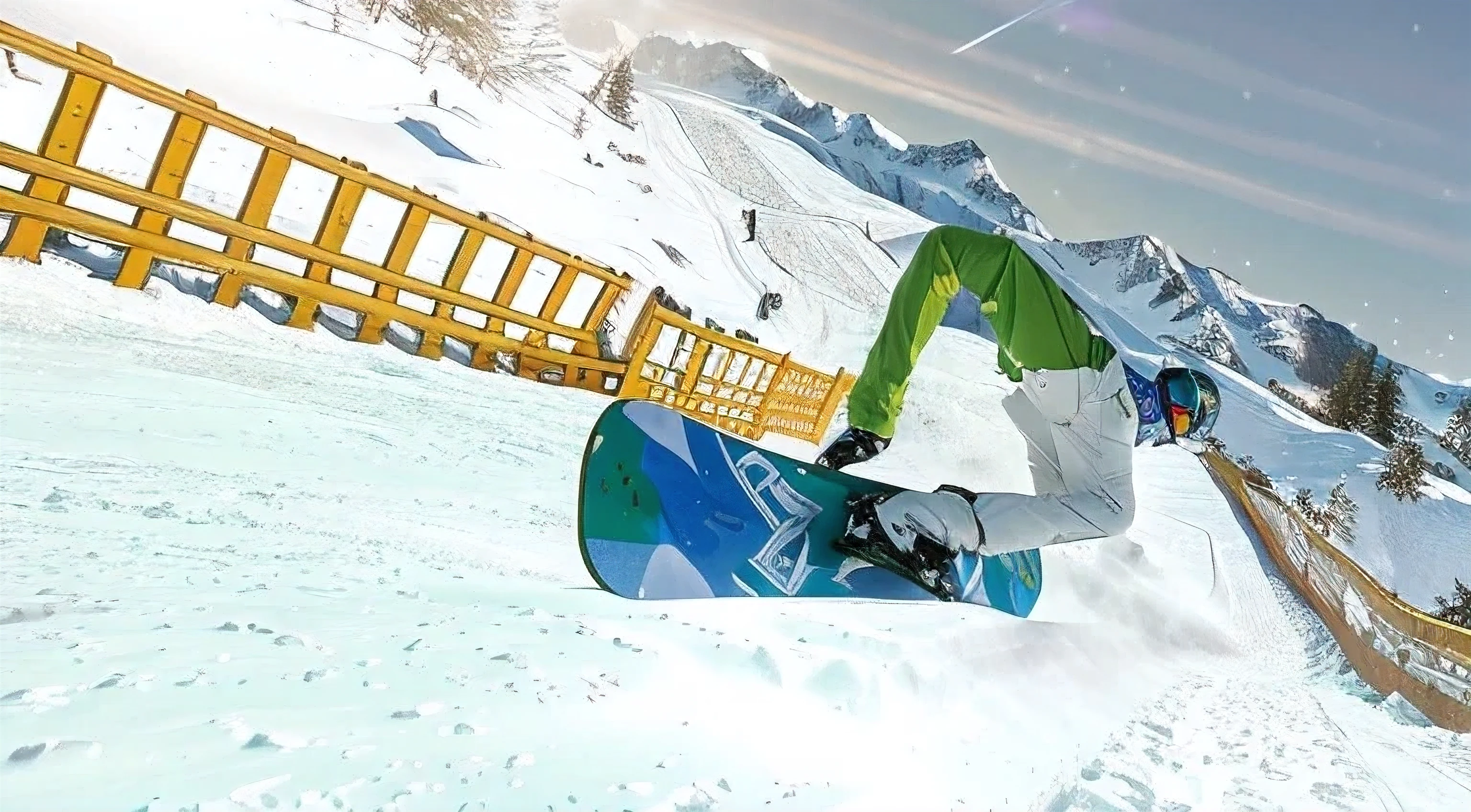 arafed snowboarder in green jacket jumping over a snowy hill, pepe the frog snowboarding, wipe out, video game screenshot>, 2025, skidding, 4 0 9 6, steep, unwind!, gameplay, : psychedelic ski resort, holding a snowboard, skiing, iphone capture, videogame still, 3 d game, amazing graphics