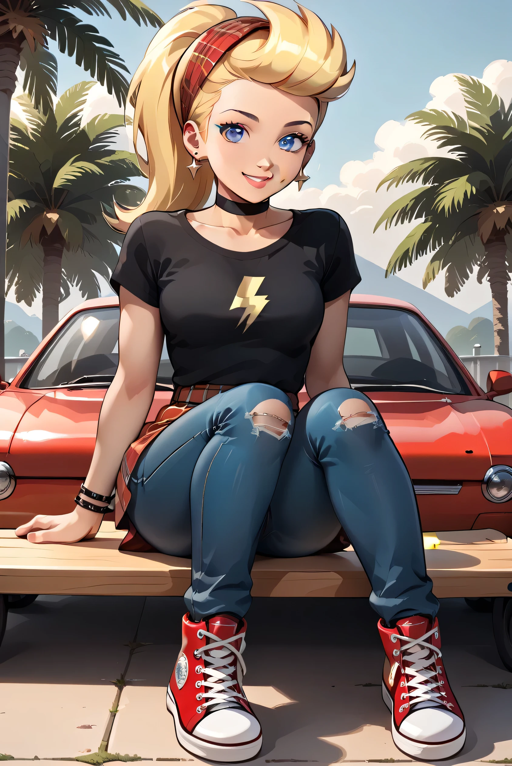 High Resolution, Masterpiece, Best Quality, Super Detailed
Beautiful portrait of Sissy Blakely from Johnny Test, 1 girl, gorgous, cute, full body, close up, big blue eyes, punk blonde hair in a ponytail, red lightning bolt in her hair, earrings, black top, black choker, red plaid handkerchief covering head, ripped baggy jeans, red plaid skirt over her jeans, breasts, black and white checkerboard converse sneakers, bracelets, holding a skateboard, sitting, knees bent, smile, outdoors, playful, Foreshortening, Backlighting, Drop Shadow, perfect composition score_9 score_8 score_7, interesting motifs, professional