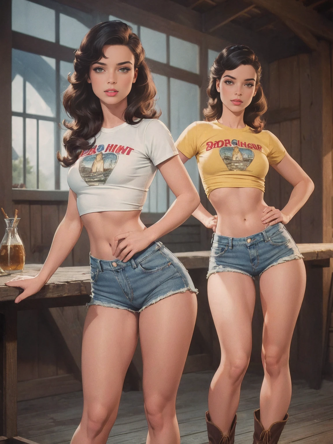 two women in short shorts standing next to a car in the desert, pinup art, ( art fitzpatrick ), pinup model, girl pinup, pin - up, pin-up, pinup style, pin up, pinup body, pinup, pinup girl, beautiful sci - fi twins, inspired by the Brothers Hildebrandt, cutesexyrobutts, beautiful gemini twins, retro pinup model