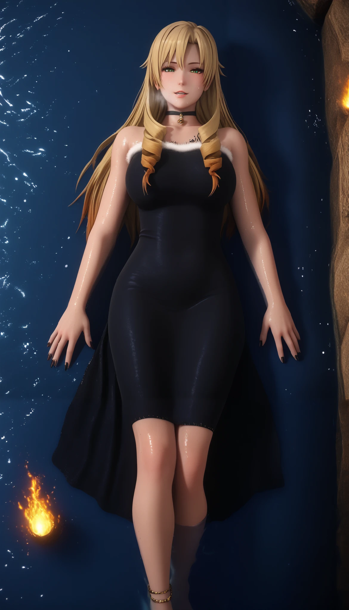 score_8_up, score_6_up, uncensored, yumiko miura, long hair, blonde hair, green eyes, drill hair, 3d, cgi, (voluptuous:1.3), (thick:1.3), BREAK UHD, retina, masterpiece, accurate, anatomically correct, textured skin, super detail, high details, high quality, award winning, best quality, highres, 4K, black nails, makeup, eyelashes, excessive sweating, sweating, sweating drop, (gasping, heavy breathing:1.3), (skindentation:1.2), perfect eyes, beautiful eyes, eyelashes, makeup, detailed body, perfect body, BREAK, 1girl, barefoot, water, anklet, jewelry, dress, fire, purple fire, solo, tattoo, lying, on side, black dress, magic-realism, blue fire, feather boa, bell, leg tattoo, looking at viewer, claws, magic, partially submerged, feet, choker, gloves, full body, fur trim, sharp fingernails, parted lips, bare shoulders, seductive smile, half-closed eyes, dynamic pose, dynamic angel, 