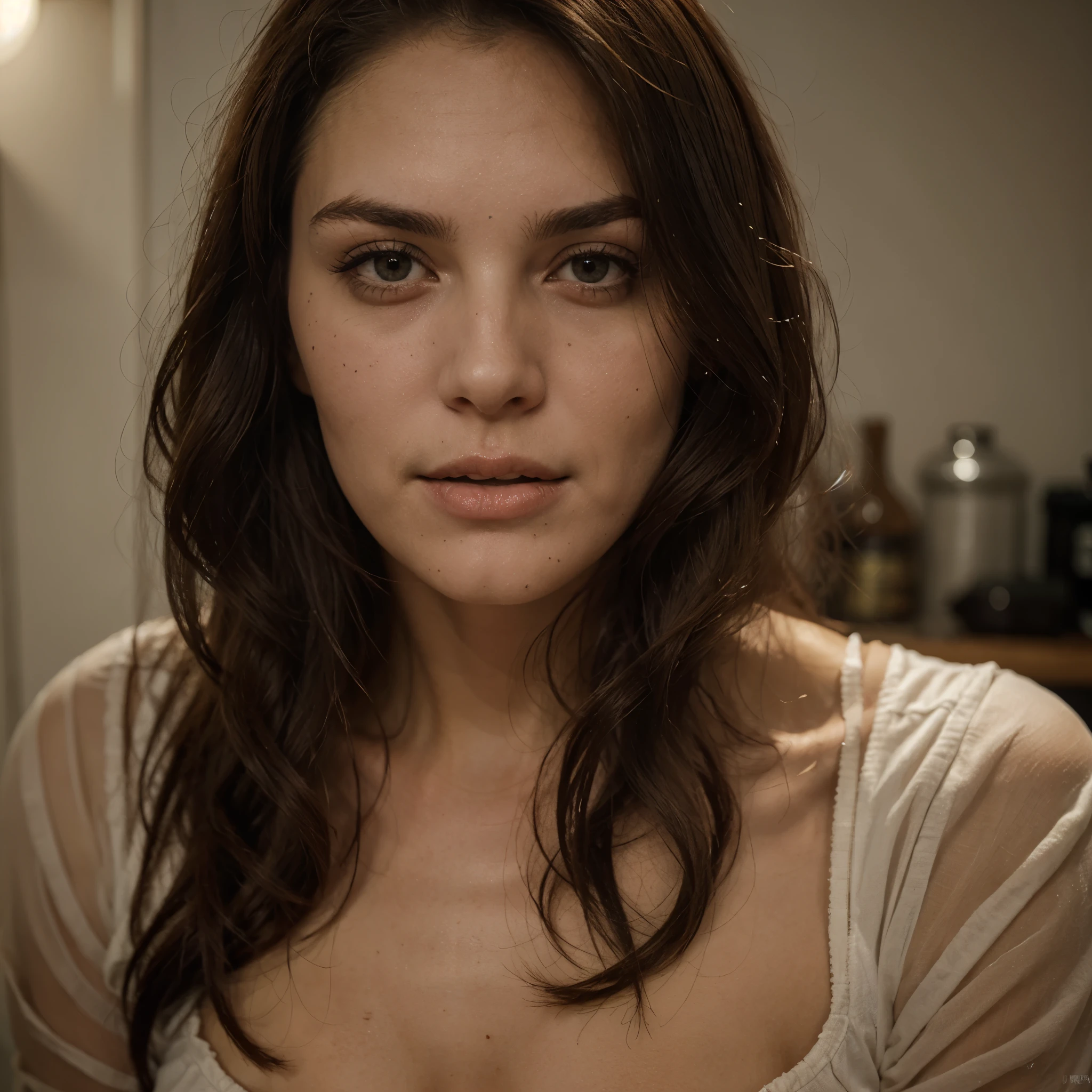 Breathtaking cinematic photo of a 30 year old girl with cheveux roux and yeux verts, heureux, expression joyeuse, Closed mouth, beau lips, intricate details, faible profondeur de champ, Very detailed, high budget, epic Hollywood movie, Magnifique, chef-d'artwork, Prime, professionnel, Very detailed, detailed skin texture, (rougir: 0.5), (chair de poule: 0.5). (the most beau woman in the world) (cheveux bruns) (short curly hair, les cheveux sauvages, elegant coupe) visage mince, nez fin, beau, very beau, parfait face, Mince body (Mince), (cheveux bruns) (yeux marrons ) (peau blanche) beau corps, face ouest, Yeux predators, pink lips, thick thighs. tout le corps, Beauté occidentale, nez fin, beau, parfait, ((best quality)), ((ultra resolution)), ((photorealistic: 1.4)), (intricate details), parfait face, se maquiller: 1.5 , visage clair, facial details. vue de face ((uniforme, costume tactique, disguise of'agent, espionner))