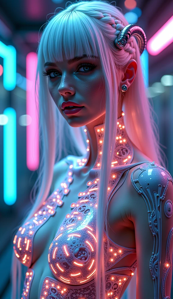 Lovecraftian Lady gaga, sexy cyborg body part, magazine cover, poster art , Lovecraftian creative creatures, hint of vibrant, bold huge text, matted design layout. technological elements, cosmic dread, noise background