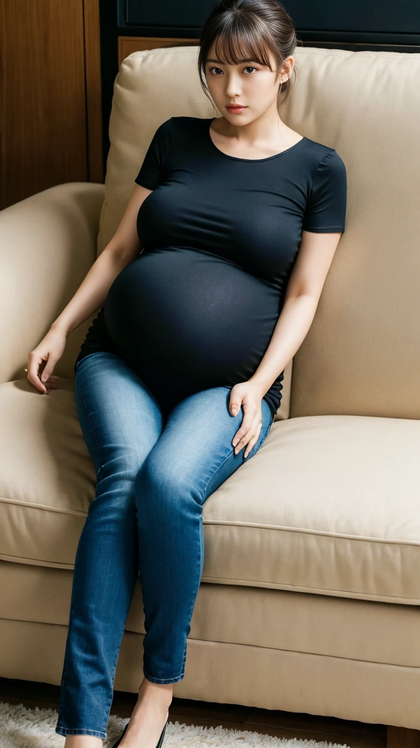 (pregnant) Extremely busty thin and toned brunette photographer, college girl, fair skin, curls, soft face, athletic, beige sweater, black leggings. Sitting on a couch, living room, windows, fish tank