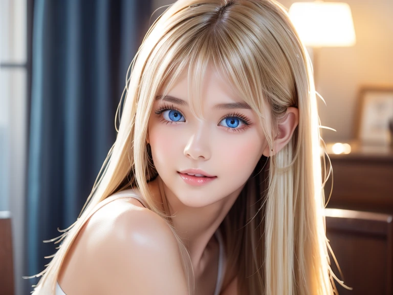 Young blonde sexy mana, Aesthetic body, Dark blue eyes, Wearing white clothes with blue details, With gold necklace