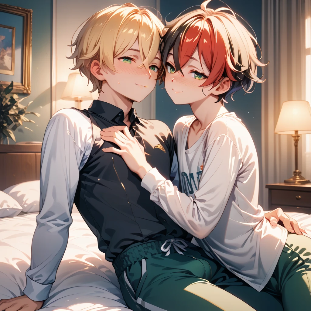 (Highest quality, Super detailed, Indoor Scene, High resolution, masterpiece:1.2), Portraiture, Detailed faces and features, Japanese Boy’s couple 1.8, ((One Japanese boy:Blonde Short Hair)), ((One Japanese boy:Black short hair 1.8)),((boy's Kissing scene 1.8)),Girly boy, Tomboy, Girly boy, trap, Natural Makeup, ((Kissing scene 1.8)), Black Choker,,Boy's face, Are crying, Blushing, Casual Dresses, Vibrant colors, Soft lighting