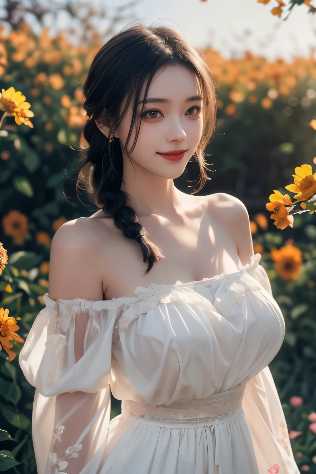 1girl,leogirl,tsurime,solo,(smiling,happy:1.25),(bright red lips,blush:0.8),huge breasts,(sagging breasts:1.2),braids,walking,pose,
(multicolored background,see-though high-waist lace chiffon dress with sleeves,bare shoulders,off shoulder:1.2),(dreamflower,multicolored_background,A melancholic autumn scene in a vast flower field,a gentle breeze rustling through the dry grass,fallen leaves scattered among the flowers,a bittersweet atmosphere,a moment of quiet contemplation,Soft and warm color palette,delicate brushwork,evocative use of light and shadow,subtle details in the wilting flowers,high contrast,color contrast),butterfly,
masterpiece,official art,best quality,high quality,highres,natural light,ray tracing,volumetric light,realistic,photorealistic,ultra highres,vivid,nostalgia,bokeh,