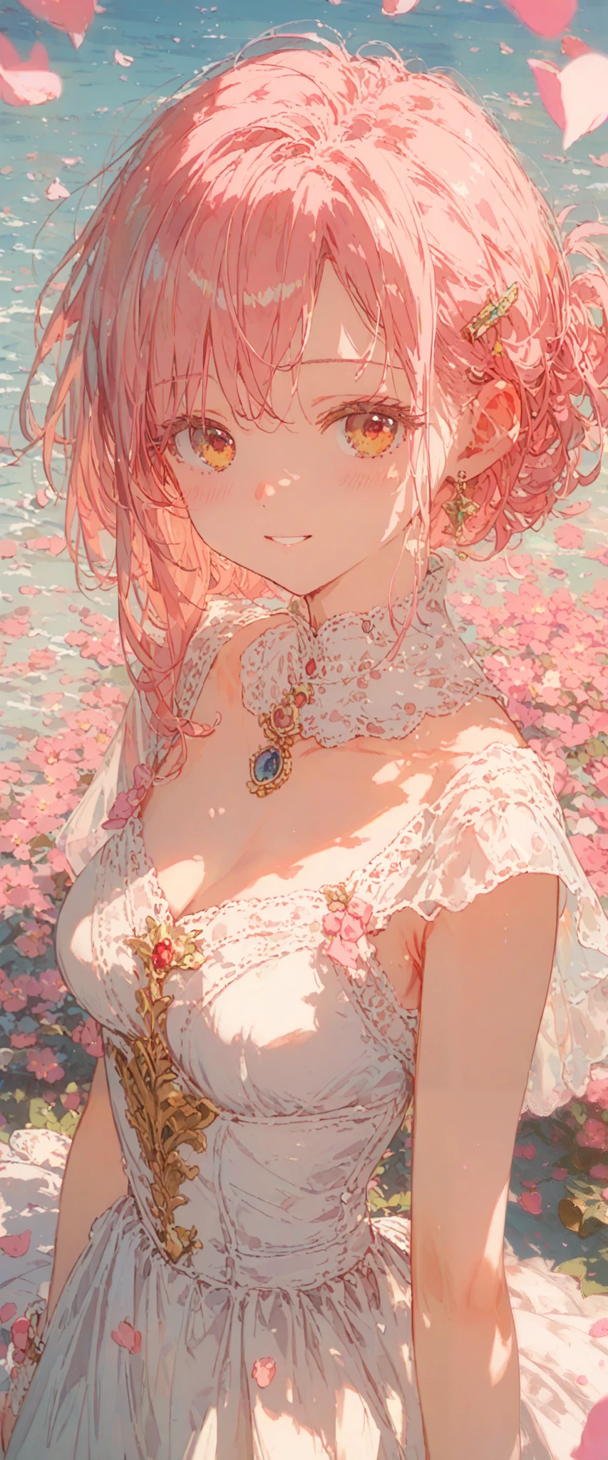 ((best quality)), ((masterpiece)), (detailed), perfect face, cute girl, has pink petals around her, has a sakura hair clip , pink hair