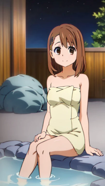 HA, 1girl,solo, smile, looking at viewer, glasses, blush, wearing towel, naked, sitting, bath, hair bow, updo, perfect quality, good quality, masterpiece, HDR, UHD <lora:Hikaru Amano:0.8>