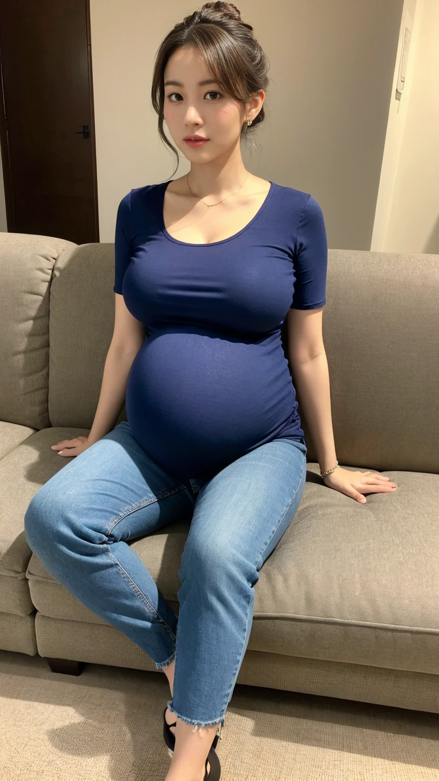 (in 8K、超A high resolution、Best Quality、masuter piece、Photorealsitic、The ultra -The high-definition)、((pregnant))、(huge tit、Pretty big breasts、toned body、Always hide all breasts(Always wear a black turtleneck、white chester coat、Must have azure plaid pleated mini skirt:1.3)(walking through the city in winter:1.2)A Japanese Lady、Cute smile、pin heels