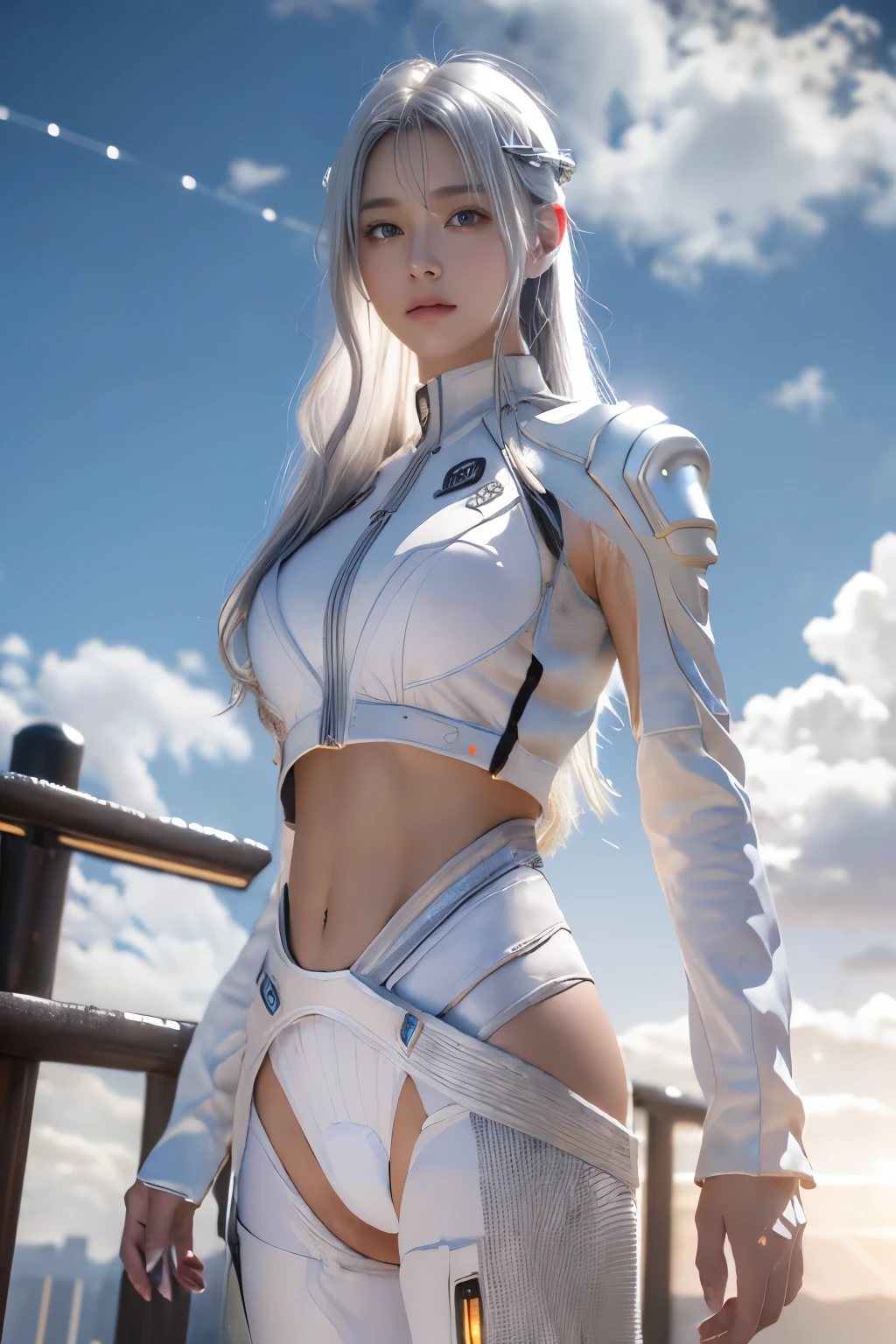 ((masterpiece, best quality, extremely detailed), volumetric lighting, ambient occlusion, colorful, glowing), 
1girl, solo, young girl, (silver hair), long hair, halo, aura, sacred, goddess, cyber suit, (white outfit:1.3), 
outdoors, sunset, sky, clouds, space, (cyberpunk theme:1.2),