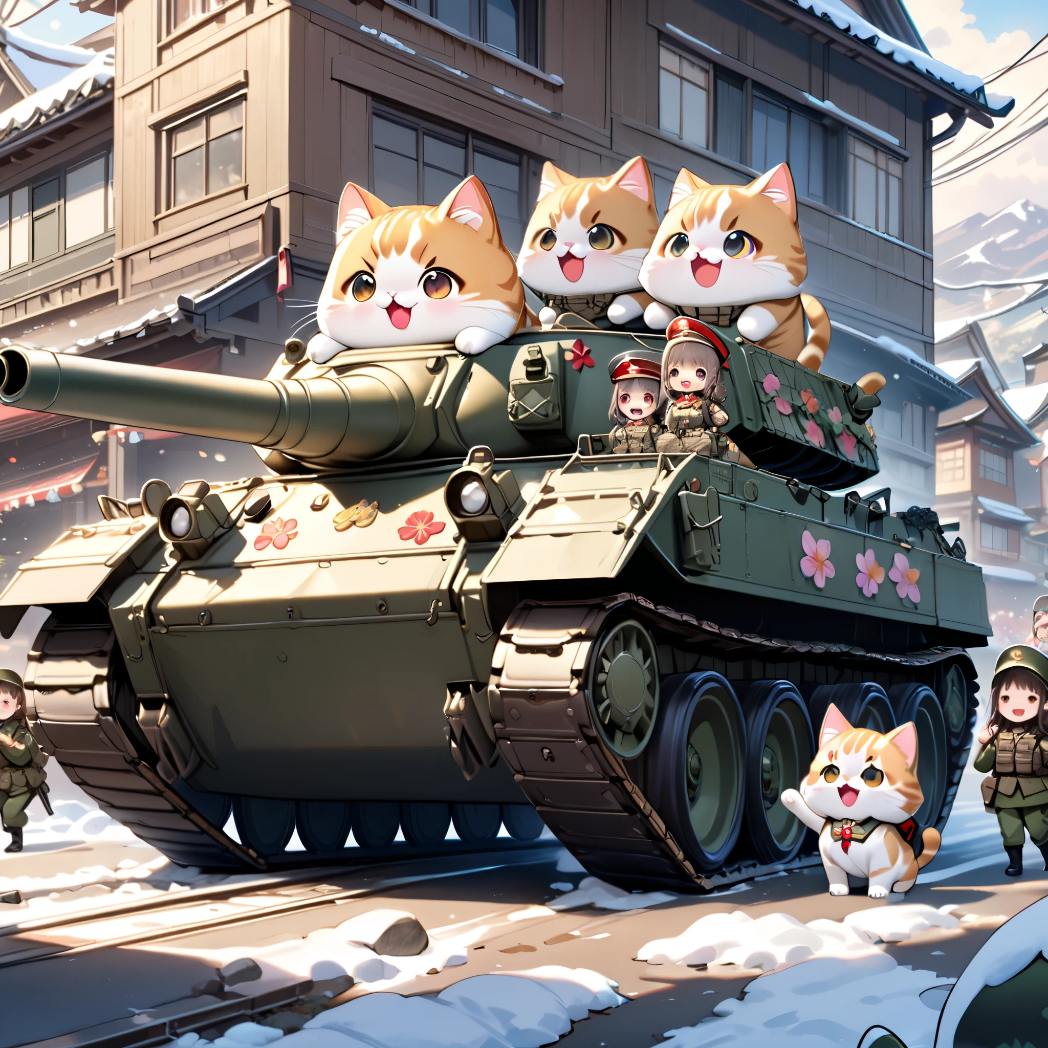 (masterpiece, ultra-detailed, best quality, clear focus, dramatic scene, cinematic), shadow, (ultra-high resolution, 8k), perfect anatomy, perfect face, (detailed face, detailed eye, chibi), cute Japanese chibi girl, famous Japanese chibi idol, very beautiful and cute and cool face, (wearing a gorgeously decorated very cute military uniform with frills:1.2), (tactical vest with military harness:1.3), (large breasts), military boots, (She is driving a traditional Japanese decorated cute military armored double decker tank with a giant fat cat:1.3), snow-covered dirt road in the abandoned town, there are stores at the street are gorgeously decorated with new year holidays, (detailed very cute fluffy giant cat is extremely surprised and screaming:1.3), (many female soldiers line up and salute in front of a tank with a cat on it:1.3)