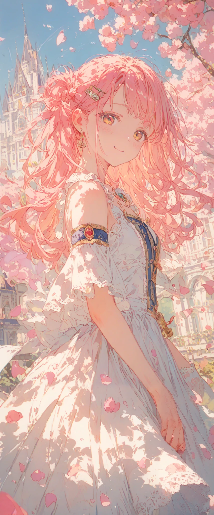 ((best quality)), ((masterpiece)), (detailed), perfect face, cute girl, has pink petals around her, has a sakura hair clip , pink hair