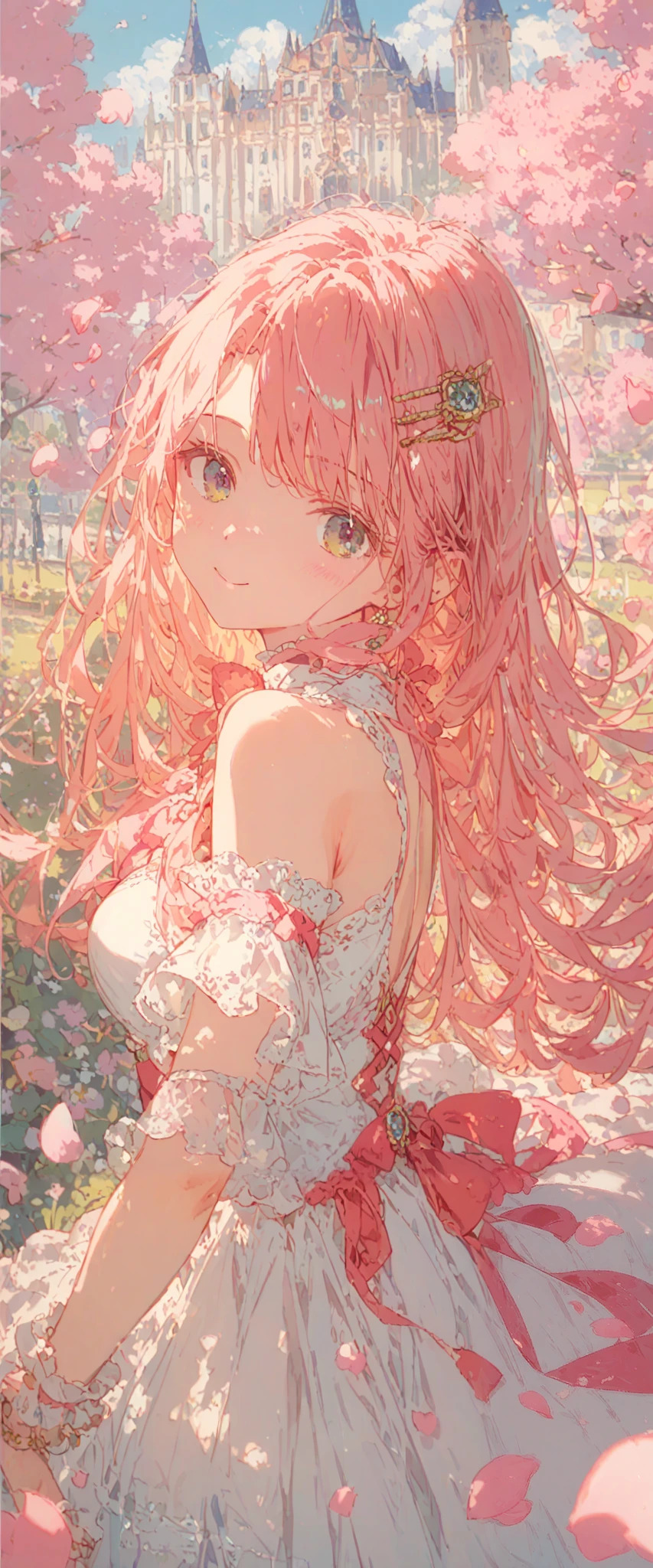 ((best quality)), ((masterpiece)), (detailed), perfect face, cute girl, has pink petals around her, has a sakura hair clip , pink hair