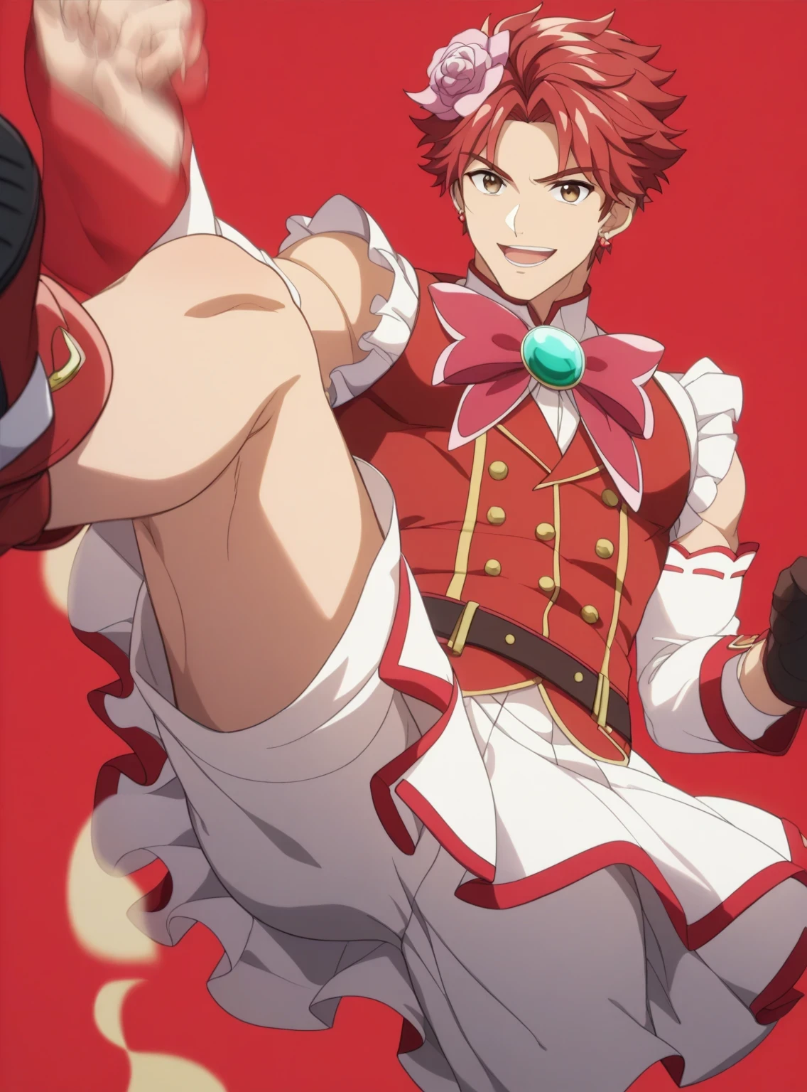 score 9 、score 8 up、score 7 up、source anime、masterpiece、 best quality 、 high resolution、1boy 、 bright expression、Short Hair、 Short pointed red hair with bangs 、 brown eyes、spiked hair、alone、white dress with red accents、red butterfly brooch、jewelry、pink flower hair ornament、 Puff Sleeve 、white detached sleeves、gloves、 White Skirt with Red Accents、 miniskirt 、 red boots 、(manly:1.45)、 Dynamic action poses 、 cowboy shot、looking at viewer、 male focus、 anime style、 Bright big eyes、Smooth and clear skin、 Brilliant red background with bubbles floating 、 soft lighting 、 Vibrant Vibrant Vibes、 close-up perspective 、 bright 、Sharp focus on character 、No motion blur.、(male body:1.45)、