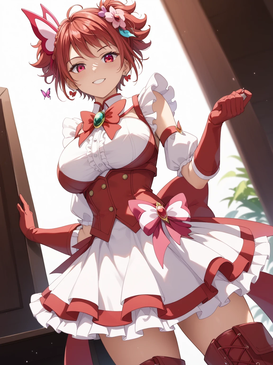 score 9 、score 8 up、score 7 up、masterpiece、 best quality 、 high resolution、 1girl 、Short Hair、 red hair、 brown eyes、spiked hair、Alone、jewelry、pink flower hair ornament、 Vivid Anime Style 、 girl standing、White Dress with Red Accents 、red butterfly brooch、 Puff Sleeve 、white detached sleeves、gloves、Big Breasts、 girl with big breasts、 White Skirt with Red Accents、 miniskirt、 red boots 、 dynamic lighting 、Light Shadows、 Vibrant Vibrant Vibes、magical girl、 middle angle shot 、Clear focus、Revealing images、looking at viewer、 cowboy shot、Female focus、tomboy atmosphere、boyish atmosphere、a manly girl、
