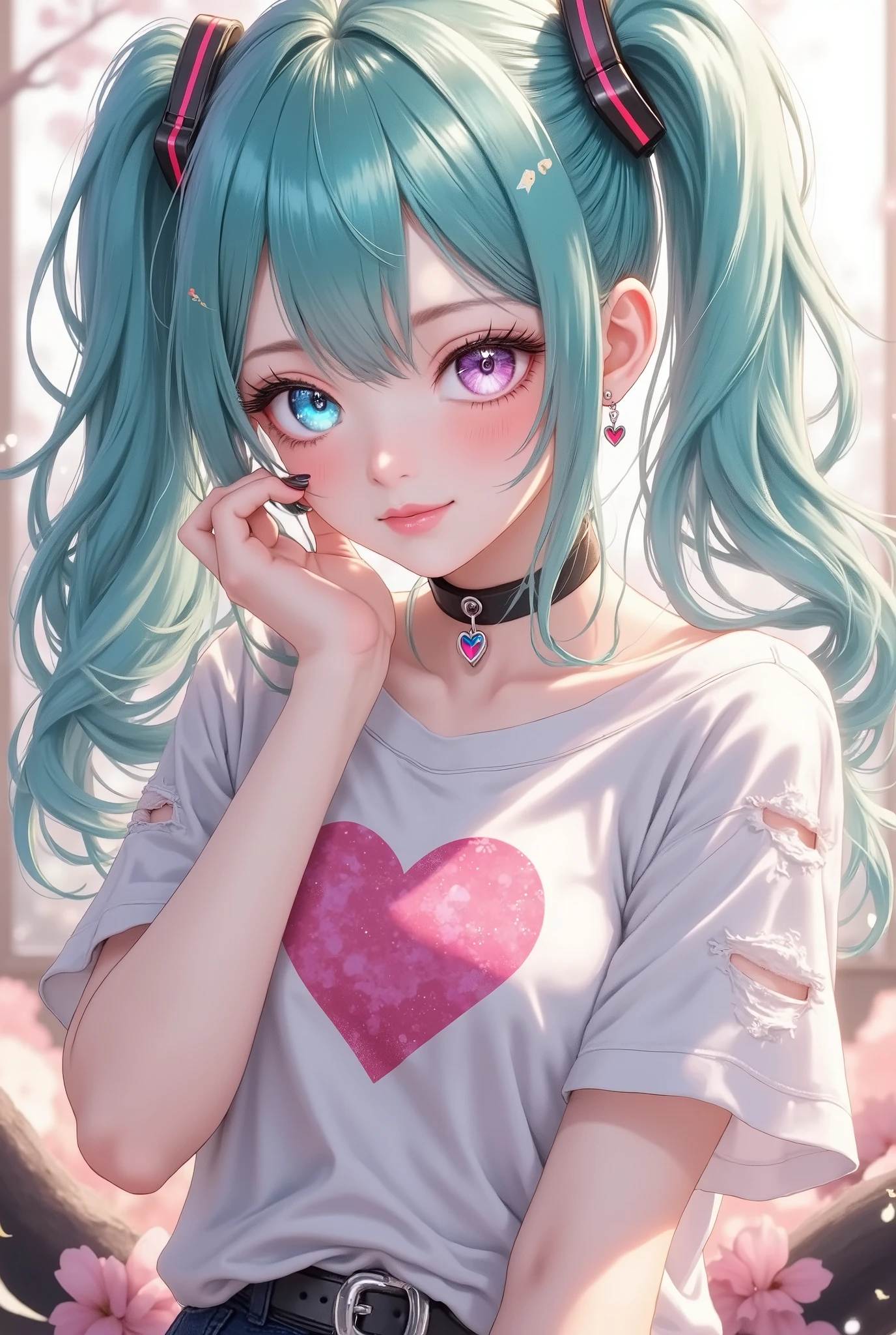 teal twin-tails, mischievous expression, choker necklace, heart-shaped pupils, full body,piercings, grunge style, black nails, blushing cheeks, ripped t-shirt with heart print, playful and edgy, detailed shading, punk aesthetic, soft lighting, vibrant colors, intense gaze,