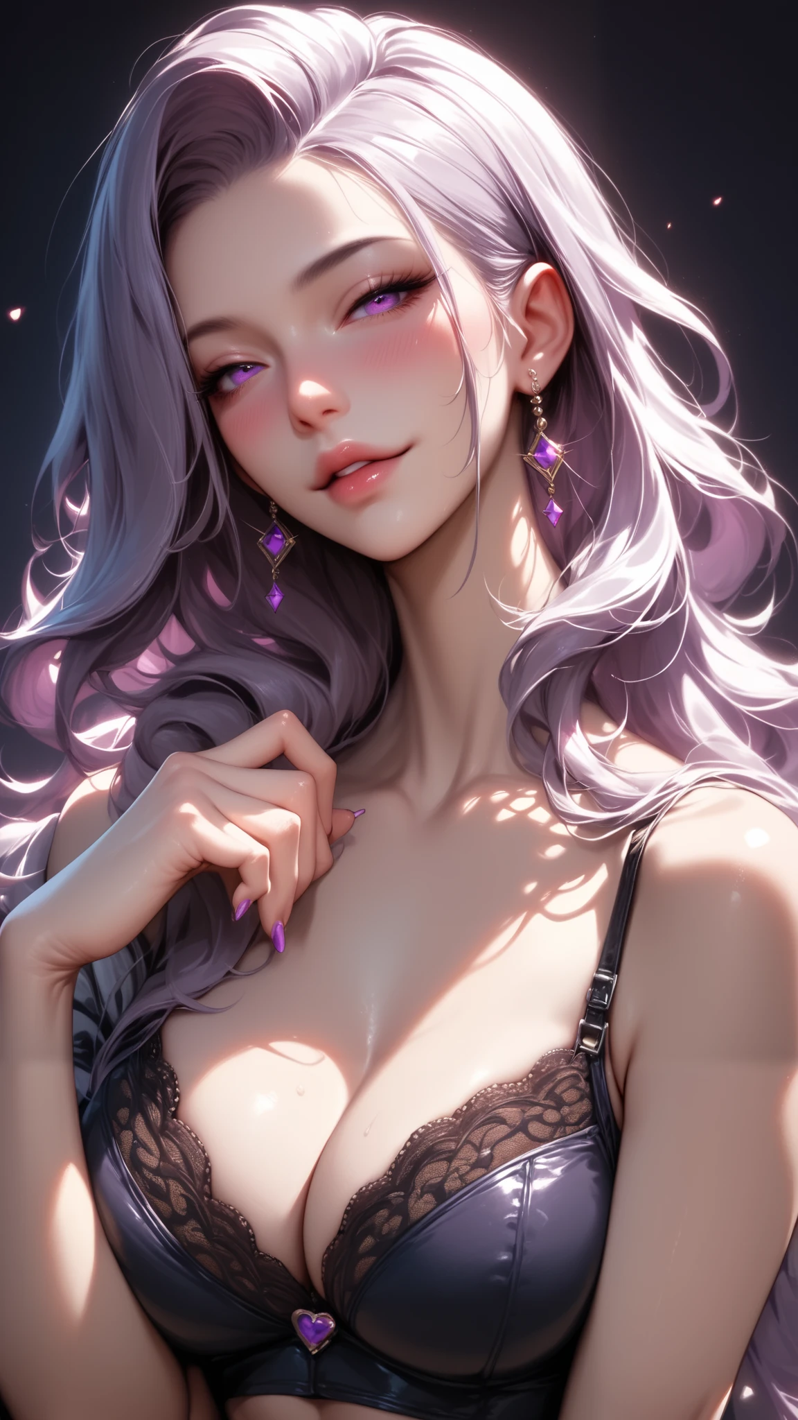 Sexy girl with a blush face, wearing only a seductive lace bra, performing a graceful contortionist pose, her body bending into a sinuous curve. Simple, dark background. Use a close-up shot to focus on her face and the way her eyes convey a seductive gaze. Add a subtle touch of deep purple to the background, enhancing the mysterious and alluring mood