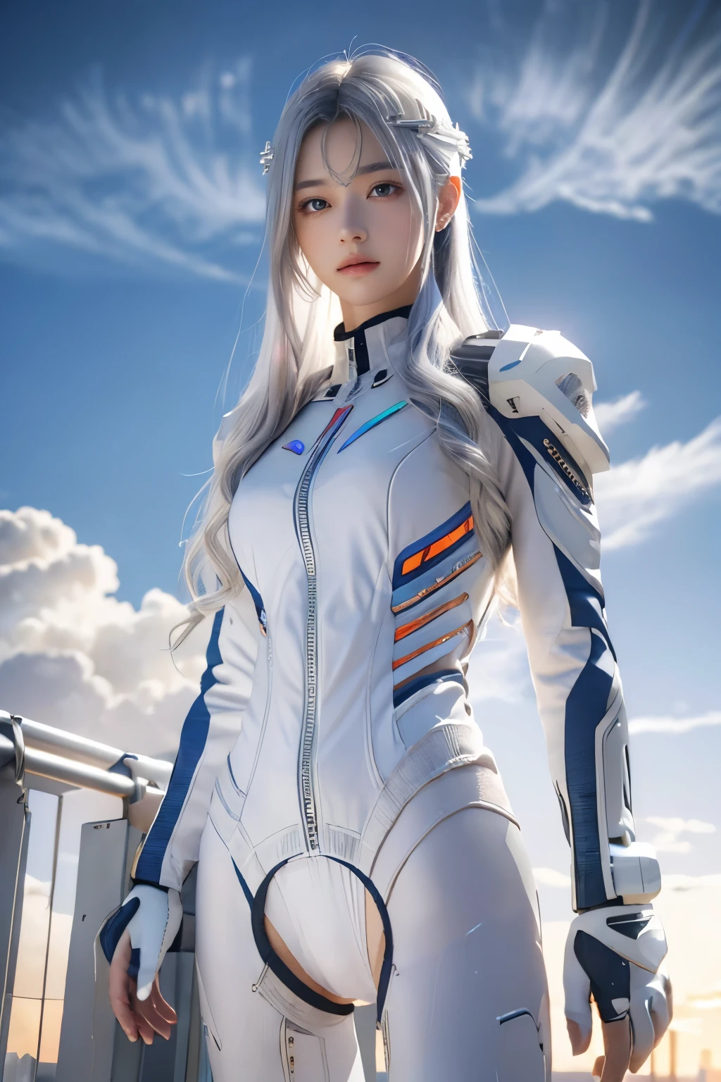 ((masterpiece, best quality, extremely detailed), volumetric lighting, ambient occlusion, colorful, glowing),
1girl, solo, young girl, (silver hair), long hair, halo, aura, sacred, goddess, cyber suit, (white outfit:1.3),
outdoors, sunset, sky, clouds, space, (cyberpunk theme:1.2),