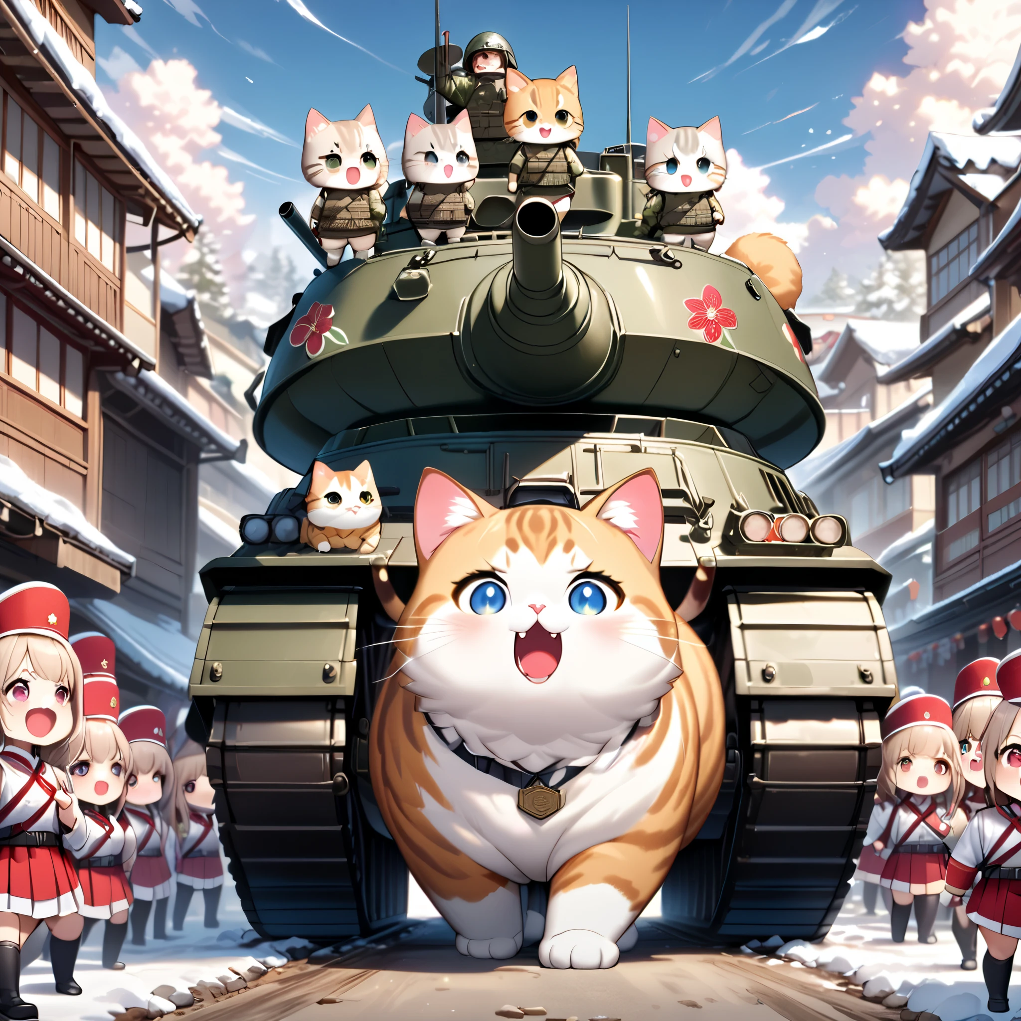 (masterpiece, ultra-detailed, best quality, clear focus, dramatic scene, cinematic), shadow, (ultra-high resolution, 8k), perfect anatomy, perfect face, (detailed face, detailed eye, chibi), cute Japanese chibi girl, famous Japanese chibi idol, very beautiful and cute and cool face, (wearing a gorgeously decorated very cute military uniform with frills:1.2), (tactical vest with military harness:1.3), (large breasts), military boots, (She is driving a traditional Japanese decorated cute military armored double decker tank with a giant fat cat:1.3), snow-covered dirt road in the abandoned town, there are stores at the street are gorgeously decorated with new year holidays, (detailed very cute fluffy giant cat is extremely surprised and screaming:1.3), (many female soldiers line up and salute in front of a tank with a cat on it:1.3), (detailed eyes:1.3)