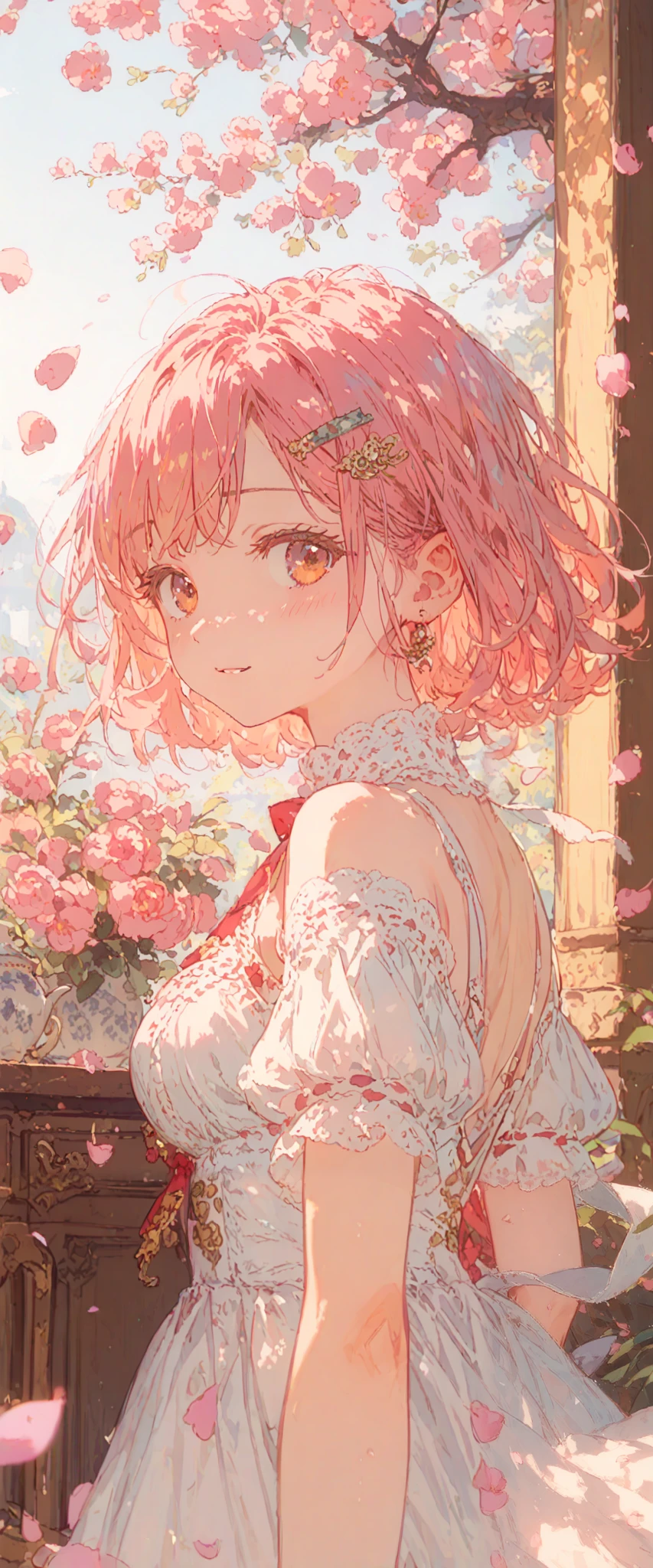 ((best quality)), ((masterpiece)), (detailed), perfect face, cute girl, has pink petals around her, has a sakura hair clip , pink hair