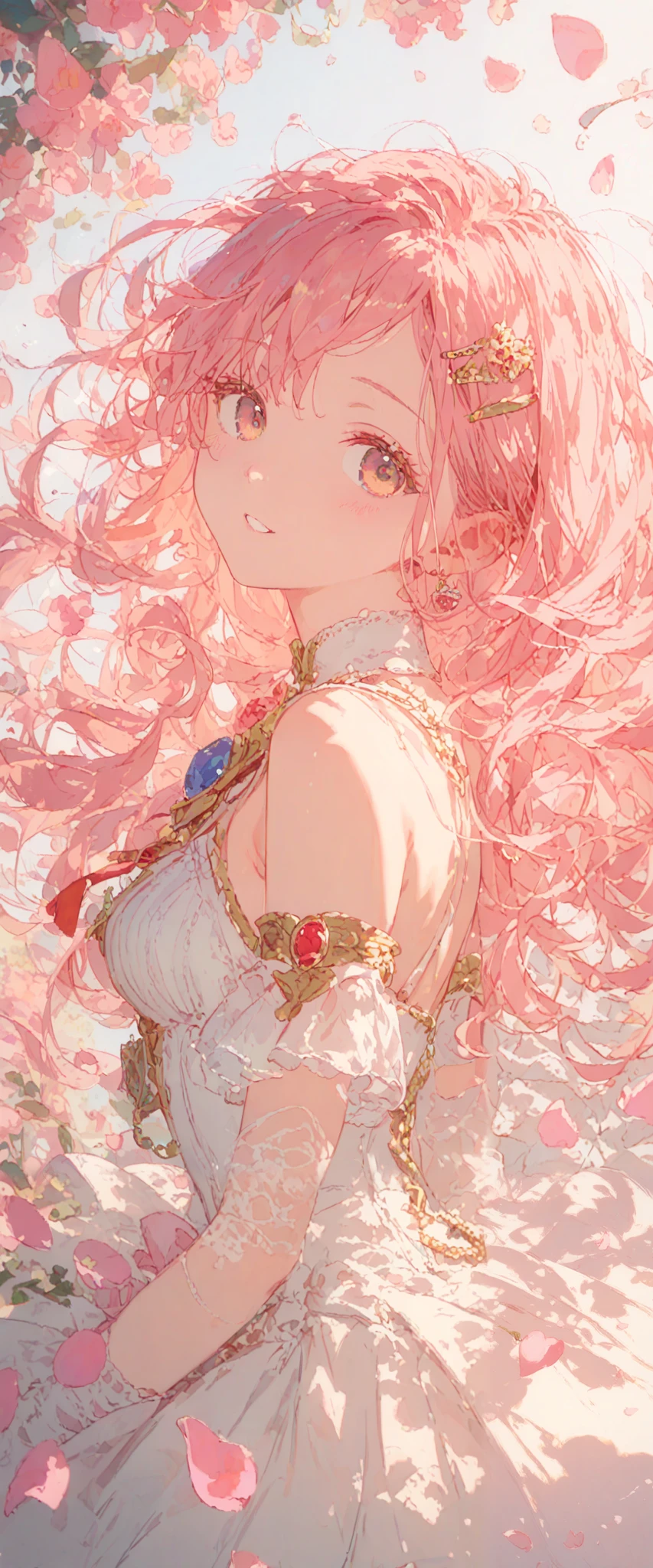 ((best quality)), ((masterpiece)), (detailed), perfect face, cute girl, has pink petals around her, has a sakura hair clip , pink hair