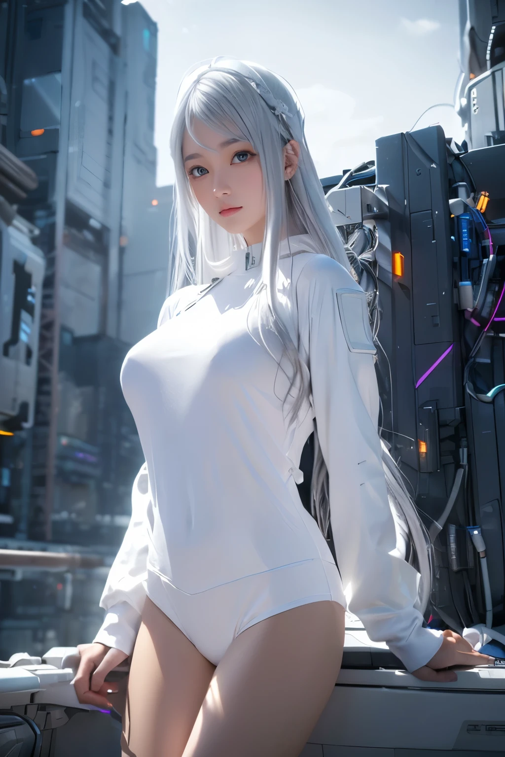 ((masterpiece, best quality, extremely detailed), volumetric lighting, ambient occlusion, colorful, glowing),
1girl, solo, young girl, (silver hair), long hair, halo, aura, sacred, goddess, cyber suit, (white outfit:1.3),
outdoors, sunset, sky, clouds, space, (cyberpunk theme:1.2),