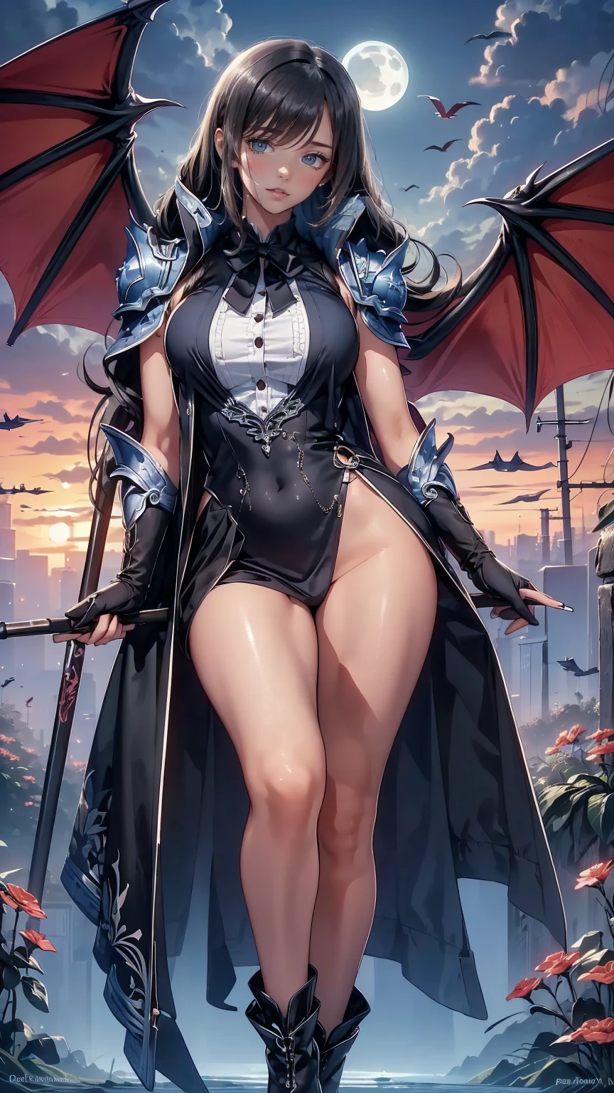 Masterpiece, high quality, 8k, ultra detailed, detailed face, huge breast, cleavage, standing, drk1, full body, thigh