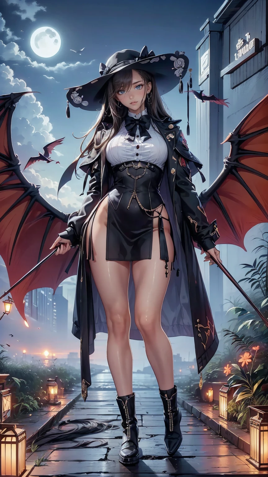 ((watercolor painting by John Singer Sargent)), 1girl , a female mature warrior with mechanical wings on her back is walking in front of a giant flying mechanical device in a classic battleground, curvy woman, cleavage,high heels , steampunk style, holly armor, long fair hair, bangs, fair skin, taking a large thick sword, dynamic angle shot, wind,