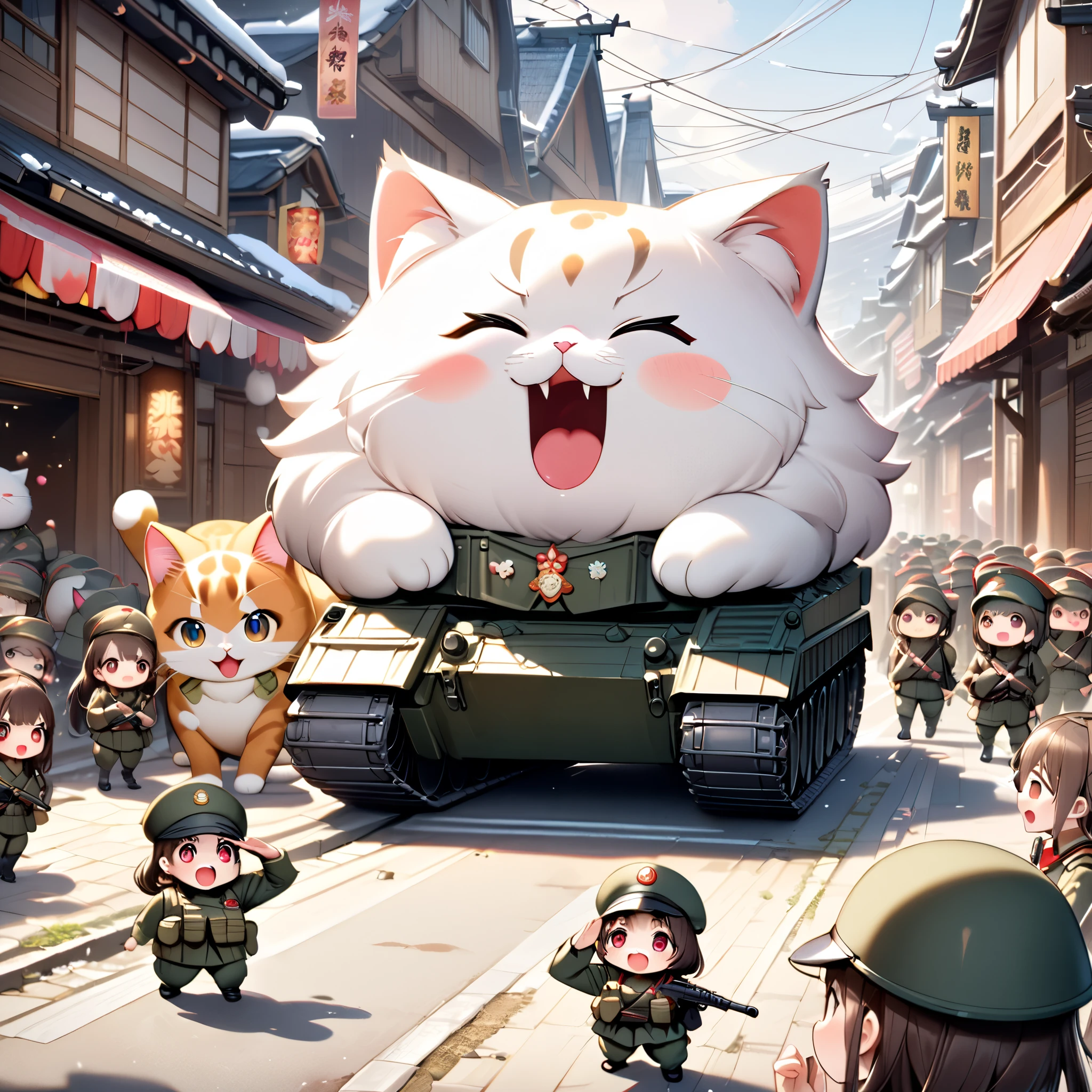 (masterpiece, ultra-detailed, best quality, clear focus, dramatic scene, cinematic), shadow, (ultra-high resolution, 8k), perfect anatomy, perfect face, (detailed face, detailed eye, chibi), cute Japanese chibi girl, famous Japanese chibi idol, very beautiful and cute and cool face, (wearing a gorgeously decorated very cute military uniform with frills:1.2), (tactical vest with military harness:1.3), (large breasts), military boots, (She is driving a traditional Japanese decorated cute military armored double decker tank with a giant fat cat:1.3), snow-covered dirt road in the abandoned town, there are stores at the street are gorgeously decorated with new year holidays, (detailed very cute fluffy giant cat is extremely surprised and screaming:1.3), (many female soldiers line up and salute in front of a tank with a cat on it:1.3)