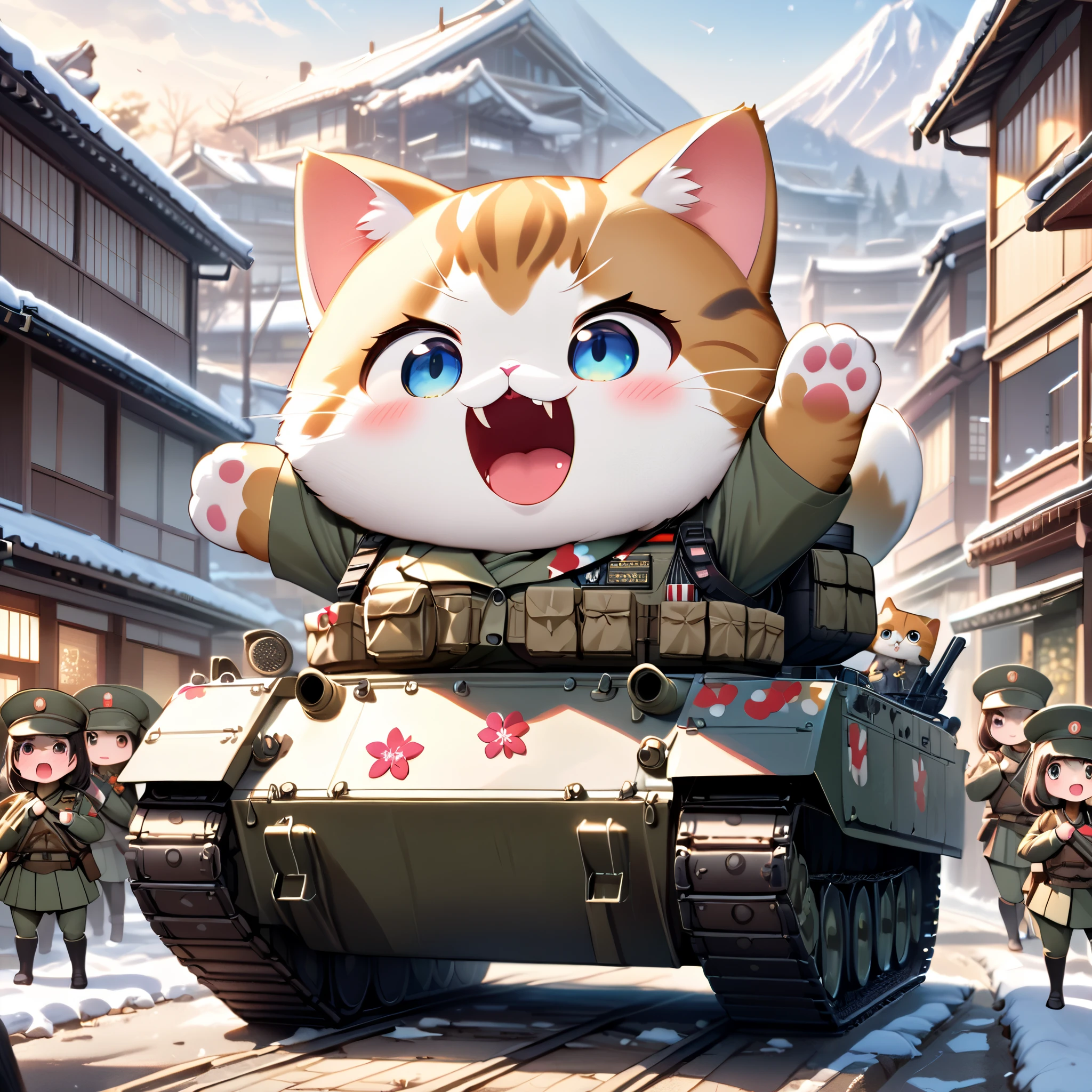 (masterpiece, ultra-detailed, best quality, clear focus, dramatic scene, cinematic), shadow, (ultra-high resolution, 8k), perfect anatomy, perfect face, (detailed face, detailed eye, chibi), cute Japanese chibi girl, famous Japanese chibi idol, very beautiful and cute and cool face, (wearing a gorgeously decorated very cute military uniform with frills:1.2), (tactical vest with military harness:1.3), (large breasts), military boots, (She is driving a traditional Japanese decorated cute military armored double decker tank with a giant fat cat:1.3), snow-covered dirt road in the abandoned town, there are stores at the street are gorgeously decorated with new year holidays, (detailed very cute fluffy giant cat is extremely surprised and screaming:1.3), (many female soldiers line up and salute in front of a tank with a cat on it:1.3)