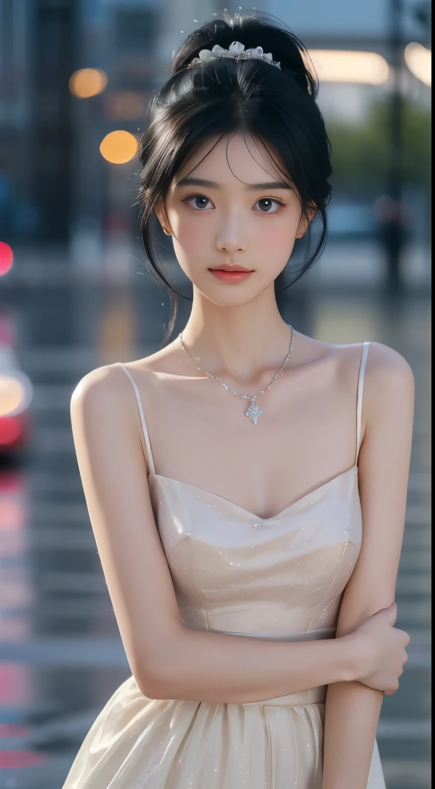 ((addielyn, wearing glass, black hair)), Random posture, (An extremely delicate and beautiful work), (masterpiece), 1girl, extremely detailed elegant wedding dress, tiara, highly detailed, ponytail contorted, charming expression, beautiful and clear eyes, green eye pupil, delicate necklace, delicate earrings, simple blurred background, extreme detail description, beautiful, charming, ultra-fine painting, delicate face, delicate figure, Fine collarbones, lovely lips, soft behind, mix4,(8k, RAW photo, best quality, masterpiece:1.2), (realistic, photo-realistic:1.37),1girl,cute,cityscape, night, rain, wet, professional lighting, photon mapping, radiosity, physically-based rendering, above waist,