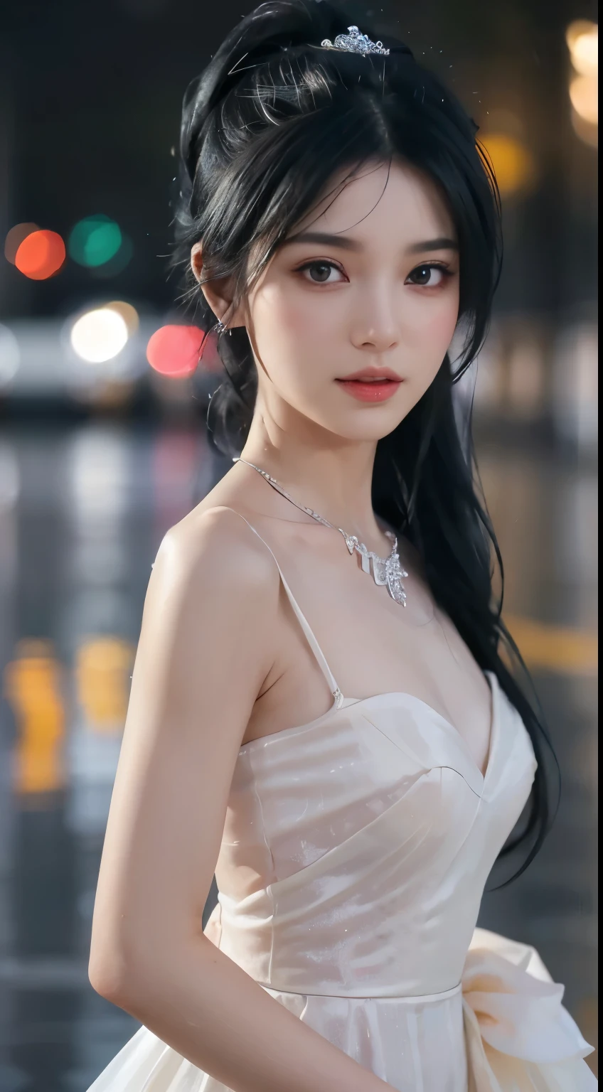 （（Adeline，black hair color hair））， Random pose， （Extremely exquisite and beautiful work）， （masterpiece）， 1 plump girl， Very detailed、Elegant wedding dress， have， The content is very detailed， ponytail twist， charming expression， beautiful and clear eyes， green eye pupils， beautiful necklace， exquisite earrings， simple blur background， extremely detailed description， Big breasts are beautiful， Big breasts are attractive， super detailed， delicate face， Exquisite figure， Fine clavicle，cute lips， Behind the gentleman ，（8K， original photo， best quality， masterpiece：1.2）， （realistically， Real shot：1.37）， 1 girl， cute big breasts， overlooking the city， night， rain， moisture， professional lighting， photon mapping， radio city， Physically based rendering， above waist，