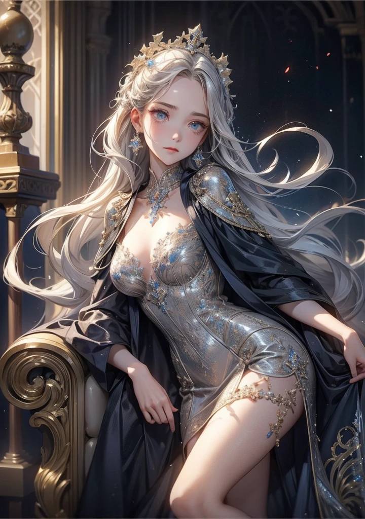 (((Full body view,1st from the bottom.3)))、Night scene,stella,(White Hair Girl:1.5),((masterpiece))、(detailed:1.4)(Close-up)、angle from above、(Backlight)(A fantastic atmosphere、Ancient Capital、Fantastic beauty images,One Woman、White Dust、Light Danceysterious atmosphere、Suspended particles), (Black Dress、long dress with sleeves、Shoulders exposed、Off the shoulder)、(Gray hair that changes with light、Long, lustrous white hair、white hair fluttering in the wind、Beautiful bangs:1.3)、(Beautiful white and shining skin、Cheek gloss highlight、Sexy and very beautiful and adorable face、The most beautiful face in the world、Big, sparkling blue eyes)、(A cute 25 year old girl、Ample breasts、Great cleavage small waist、delicate shoulders、Perfect figure)