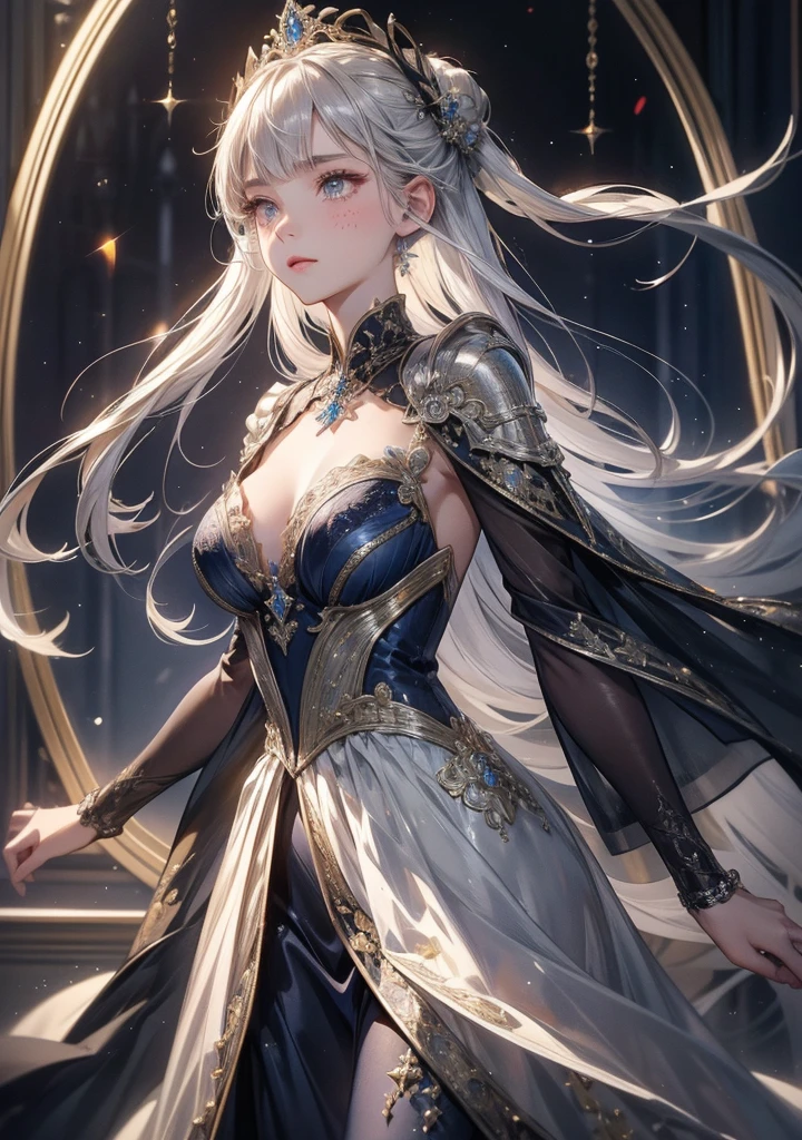 Night view,star,(White Hair Girl:1.5),((masterpiece))、(detailed:1.4)(close)、Top view、(Backlight)(A fantastic atmosphere、Ancient capital、Amazing beauty images,One Woman、white dust、Light and dance-like、Suspended particles), (Black Dress、Long dress with sleeves、Exposing shoulders、Off the shoulder)、(Gray hair that changes with light、length, Lustrous gray hair、WHITE hair fluttering in the wind、Beautiful Bangs:1.3)、(Beautiful white and shining skin、Cheek gloss highlighter、Sexy and very beautiful and adorable face、The most beautiful face in the world、big, Sparkling blue eyes)、(Cute 25 year old girl、Ample breasts、Great cleavage and a tiny waist、Delicate shoulders、Perfect figure)