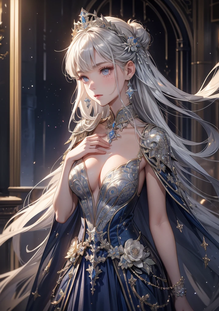 Long white hair , grey eyes, fair skin,fantasy wear,detailed hair, detailed eyes,detailed body, best quality, high resolution, 8k