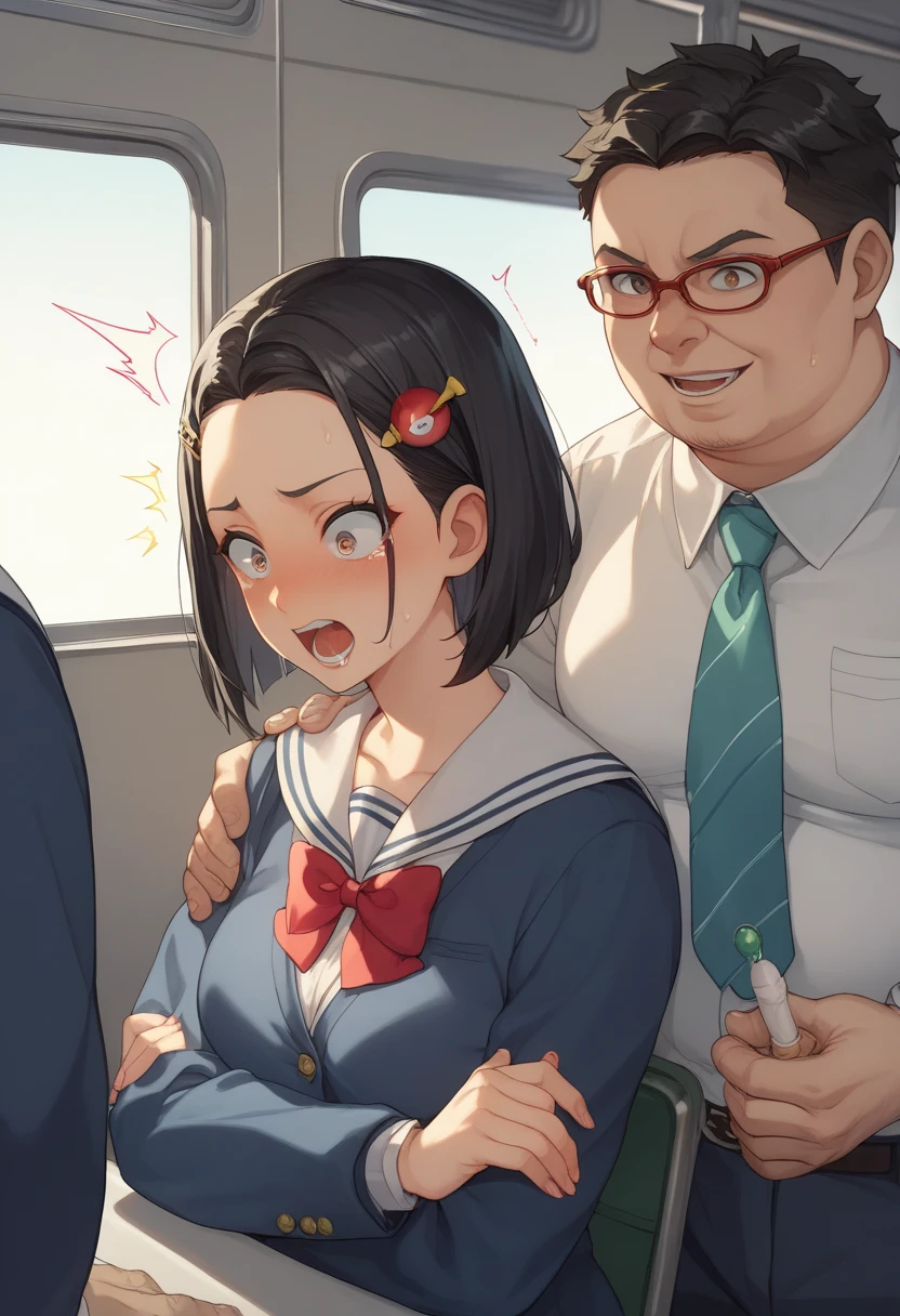 Library: Serious-looking female student(Sucking a man's dick) Black hair, uniform, glasses, looking up