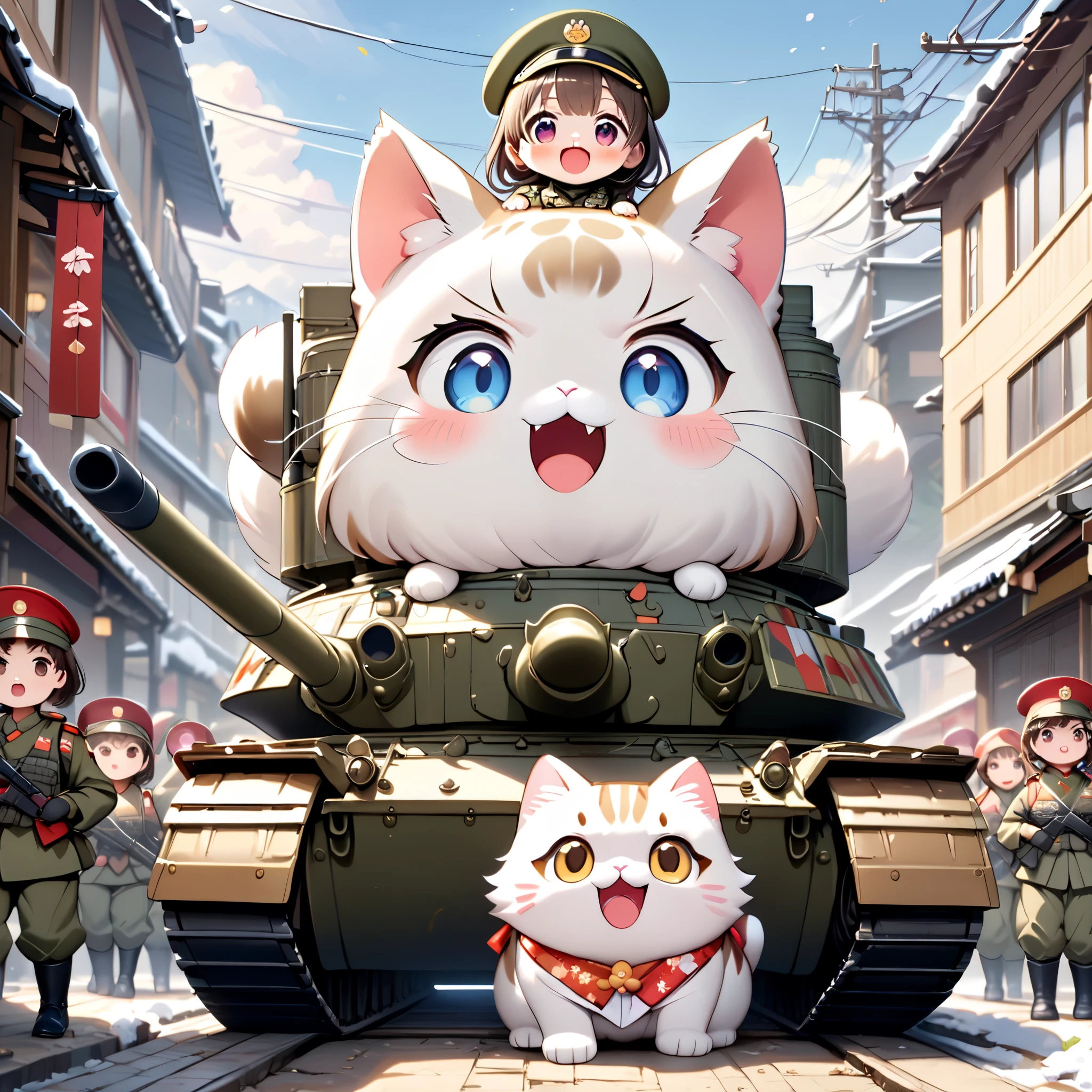(masterpiece, ultra-detailed, best quality, clear focus, dramatic scene, cinematic), shadow, (ultra-high resolution, 8k), perfect anatomy, perfect face, (detailed face, detailed eye, chibi), cute Japanese chibi girl, famous Japanese chibi idol, very beautiful and cute and cool face, (wearing a gorgeously decorated very cute military uniform with frills:1.2), (tactical vest with military harness:1.3), (large breasts), military boots, (She is driving a traditional Japanese decorated cute military armored double decker tank with a giant fat cat:1.3), snow-covered dirt road in the abandoned town, there are stores at the street are gorgeously decorated with new year holidays, (detailed very cute fluffy giant cat is extremely surprised and screaming:1.3), (many female soldiers line up in front of a tank with a cat on it:1.3)