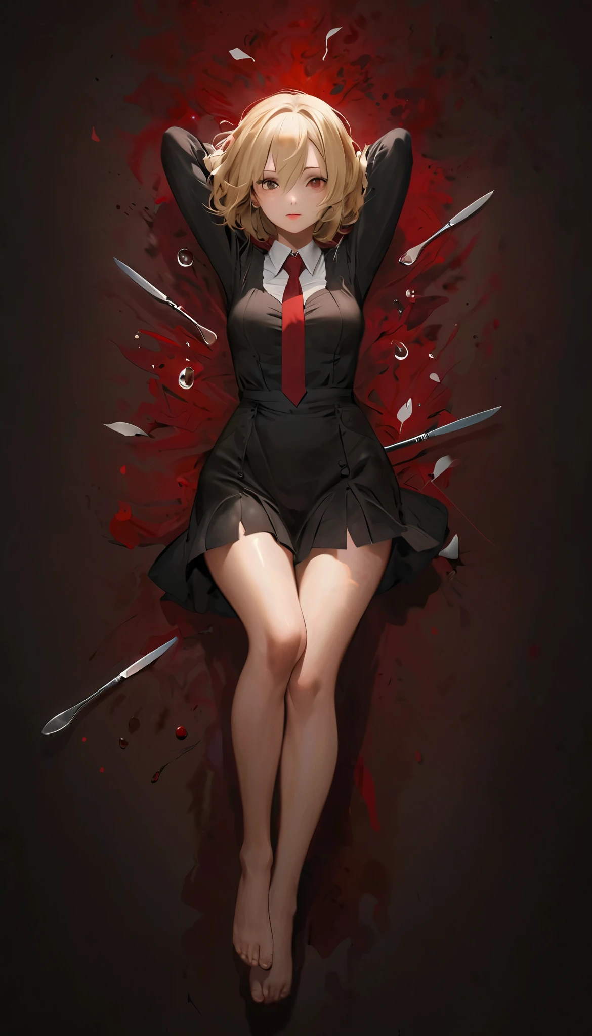 Caucasian girl in danger.  lifting her short skirt, pantyhose, agony, gun, falling back, panties, blood, dirty, dangerous look