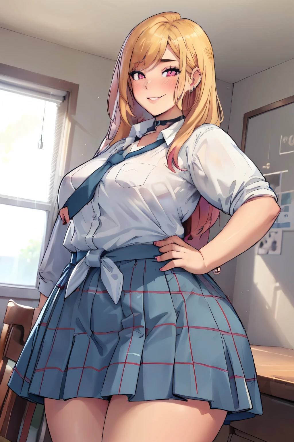 ((Masterpiece)), perfect anatomy, perfect shading, field of depth, (best quality), extremely delicate and beautiful, perfect lighting, detailed face, ultra cute face, cute, (cowboy shot 1.2), looking at viewer, full body, (((1girl))), (((solo))), kitagawa marin
1girl, blonde hair, long hair, multicolored hair, red eyes, (blush), jewelry, earrings, piercing, , white shirt, tied shirt, black choker, blue necktie, plaid skirt, (chubby). overweight, fat.
indoors, inside, classroom, open smile, pose, desks, fully clothed, slightly lifting up her skirt. lifting up the bottom of her skirt to show her thigh. fat waist.