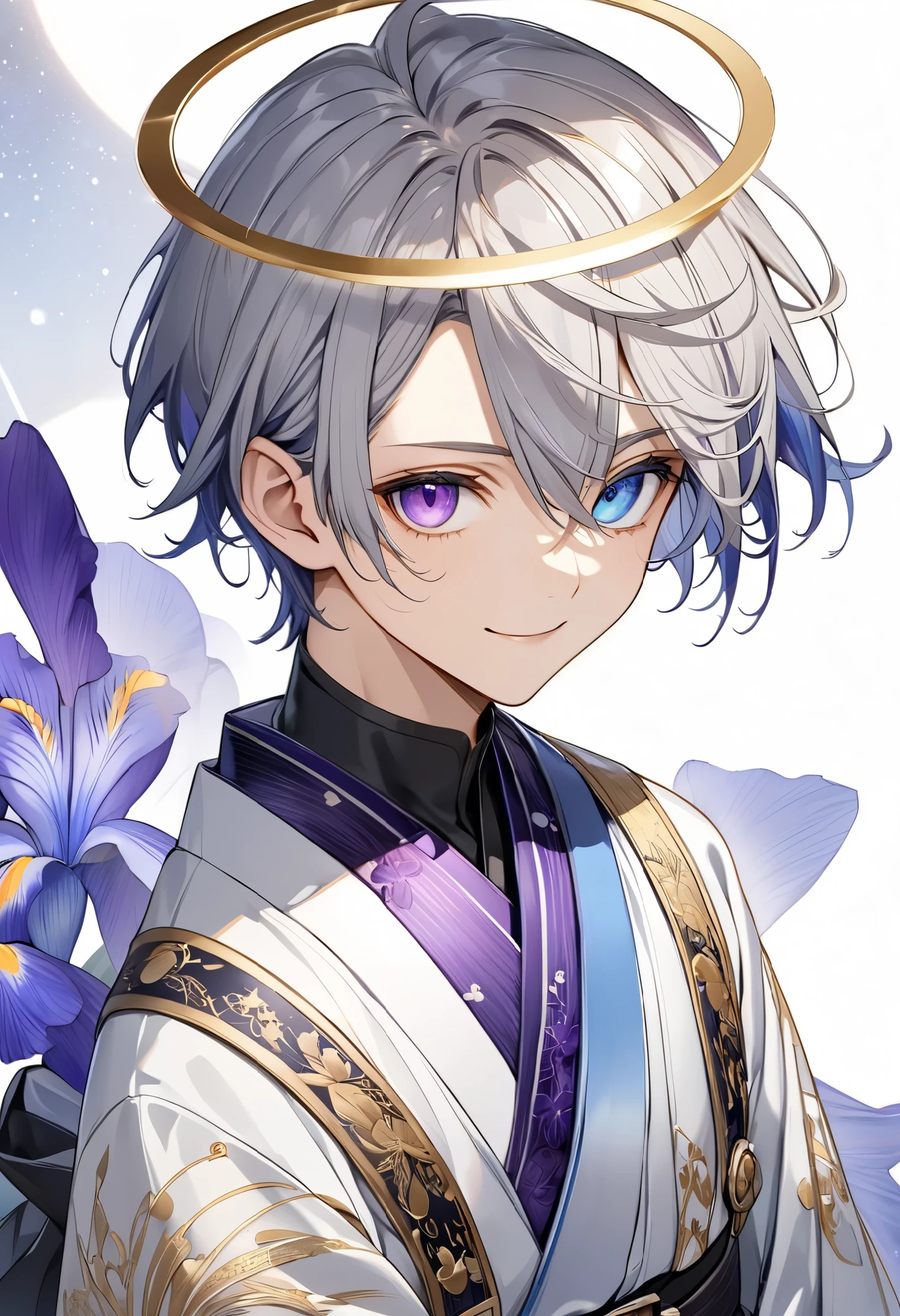 fresh illustration ,
Superfine painting,
very delicate illustration ,
Very fine details ,
Picture of only one boy ,
standing,
Height: 158cm,
Beige Skin,
((The iris of the right eye is purple ))
(( the iris of the left eye is blue))
((Complete iris heterochromia )),
beautiful eyes,
large black pupils ,
short hair,
Gray Hair,
hair roots are bluish ,
The hair has gradation ,
shiny hair with makeup,
Beautiful and pretty face,
is smiling,
There is a small shining halo floating above the head,
raised eyebrows ,
The upper body is wearing a kimono in kimono ,
Six Pack,
The color of the belt is black ,
Overall flashy white clothes ,
The belt is tastefully embroidered with gold thread ,
fine fabric clothing ,
Isometric,
Golden Ratio,
god々 like atmosphere,
The undershirt is indigo-colored with a stand-up collar,
outer space ,
Milky Way,
Little Star々 upper body ,
tactical use of shadows ,
The ring of head and hair don't stick out of the angle of view ,
Clothes don't stick out of the angle of view ,
facing the front,
(( bust shot))